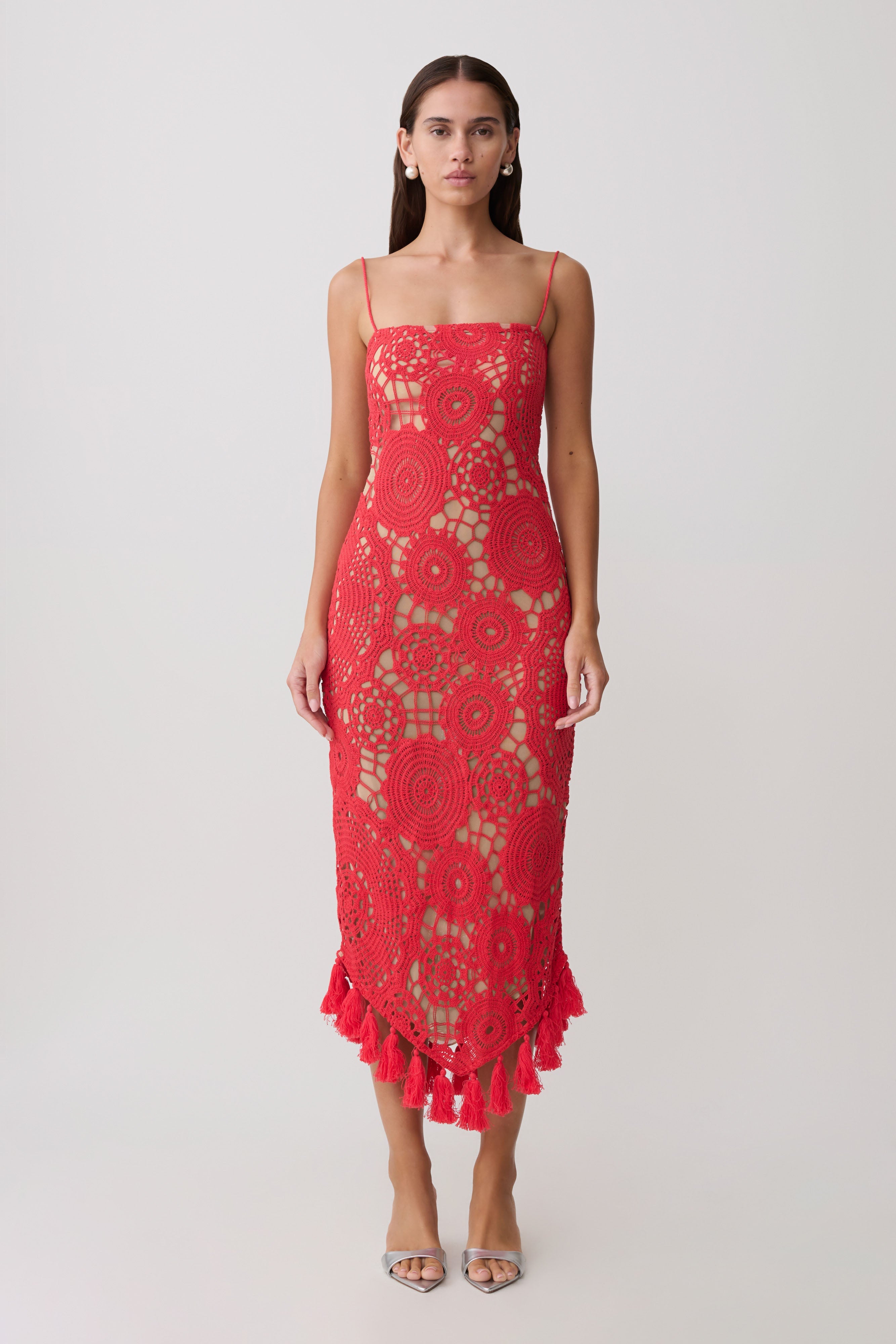 Delta Crochet Halter Midi Dress - Red