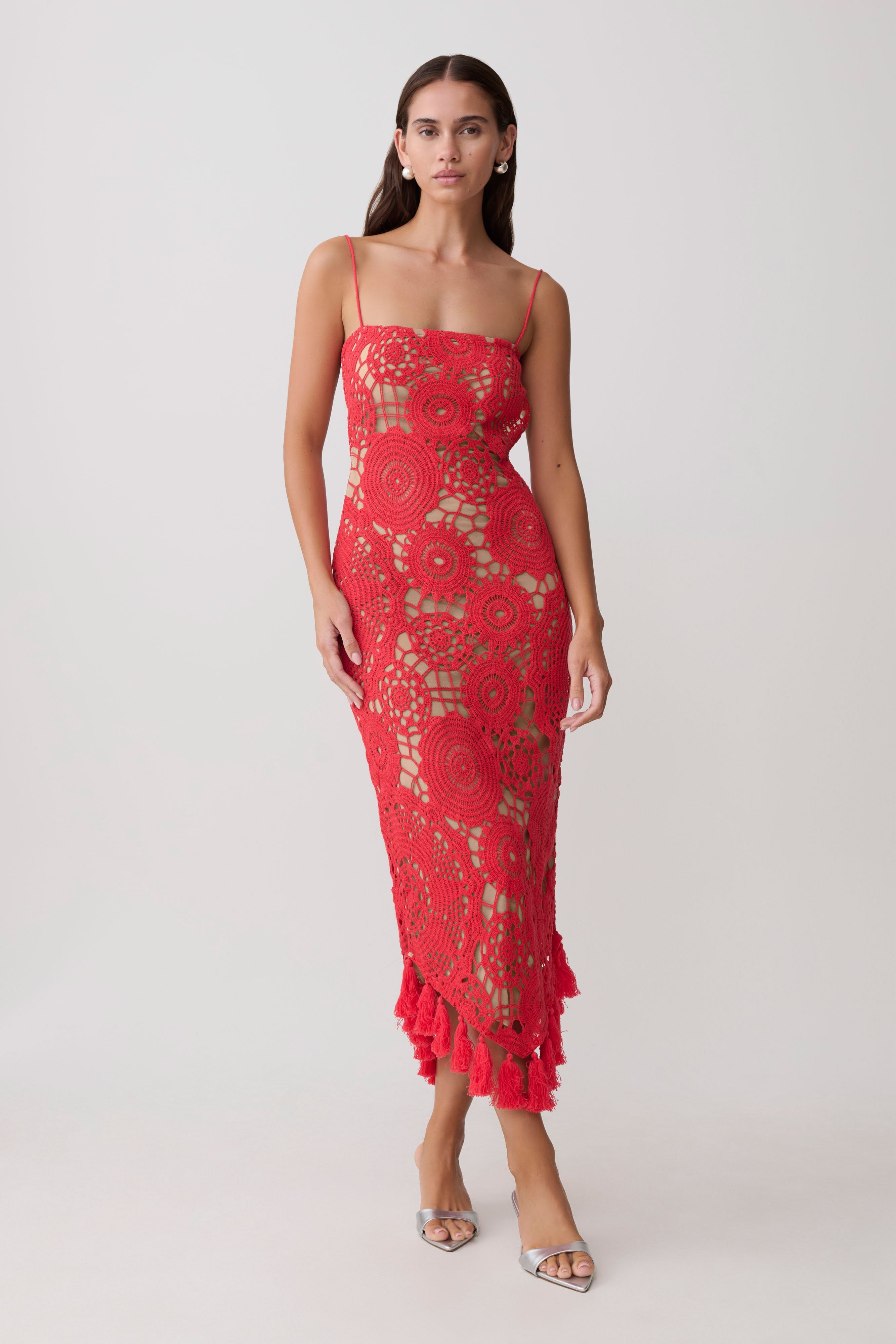 Delta Crochet Halter Midi Dress - Red - Image 4