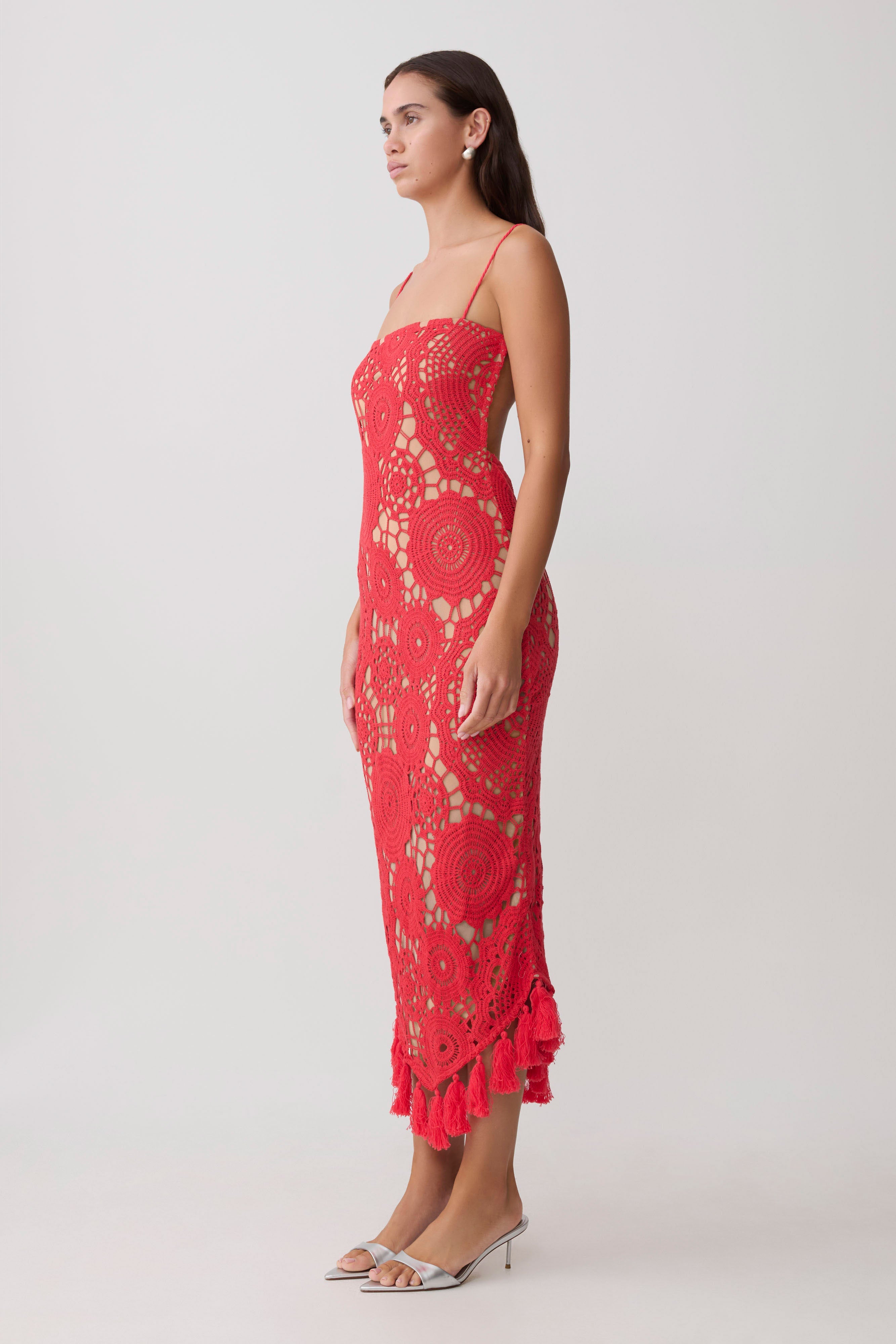 Delta Crochet Halter Midi Dress - Red - Image 3