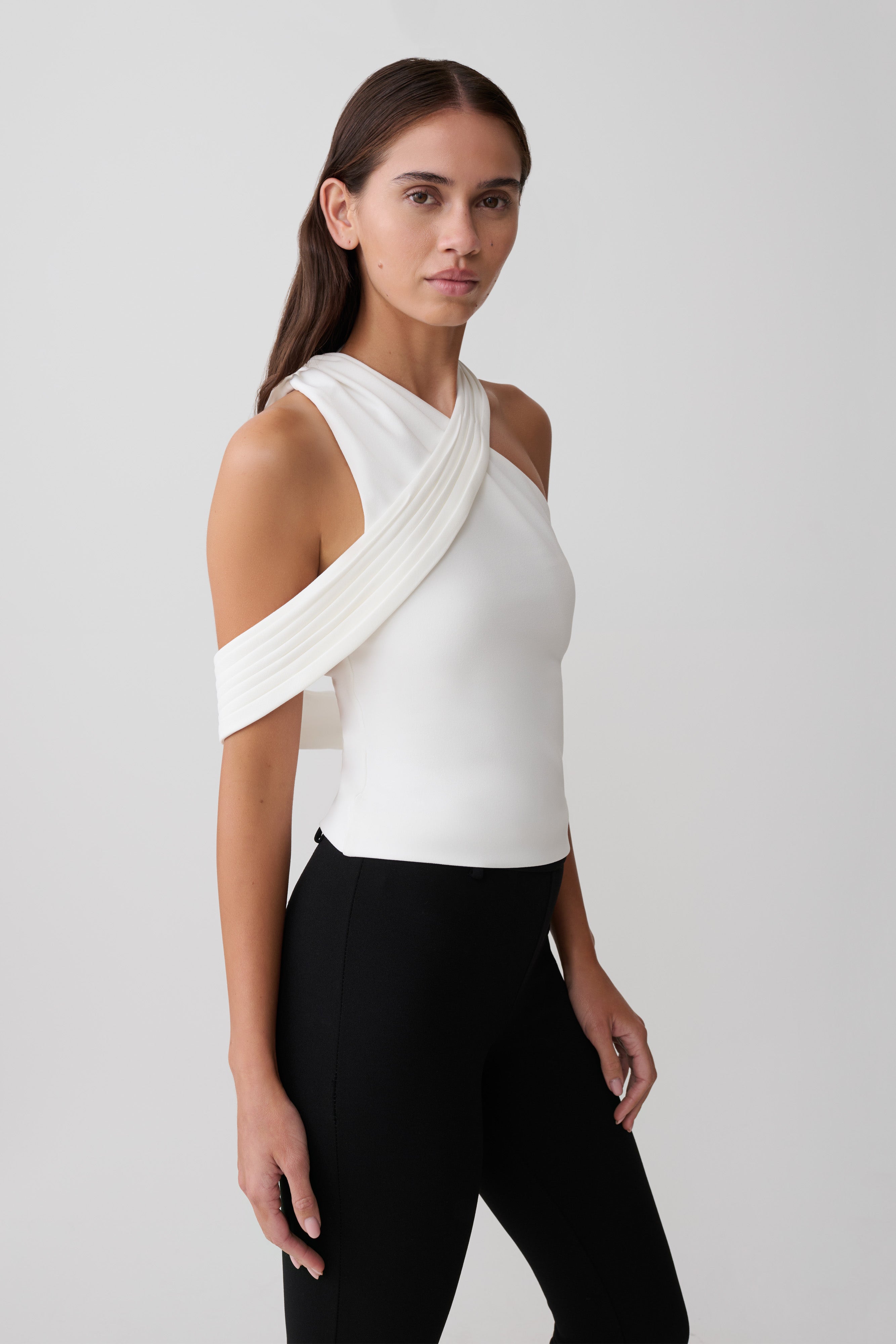 Sable Crossover Crepe Halter Top - White - Image 3