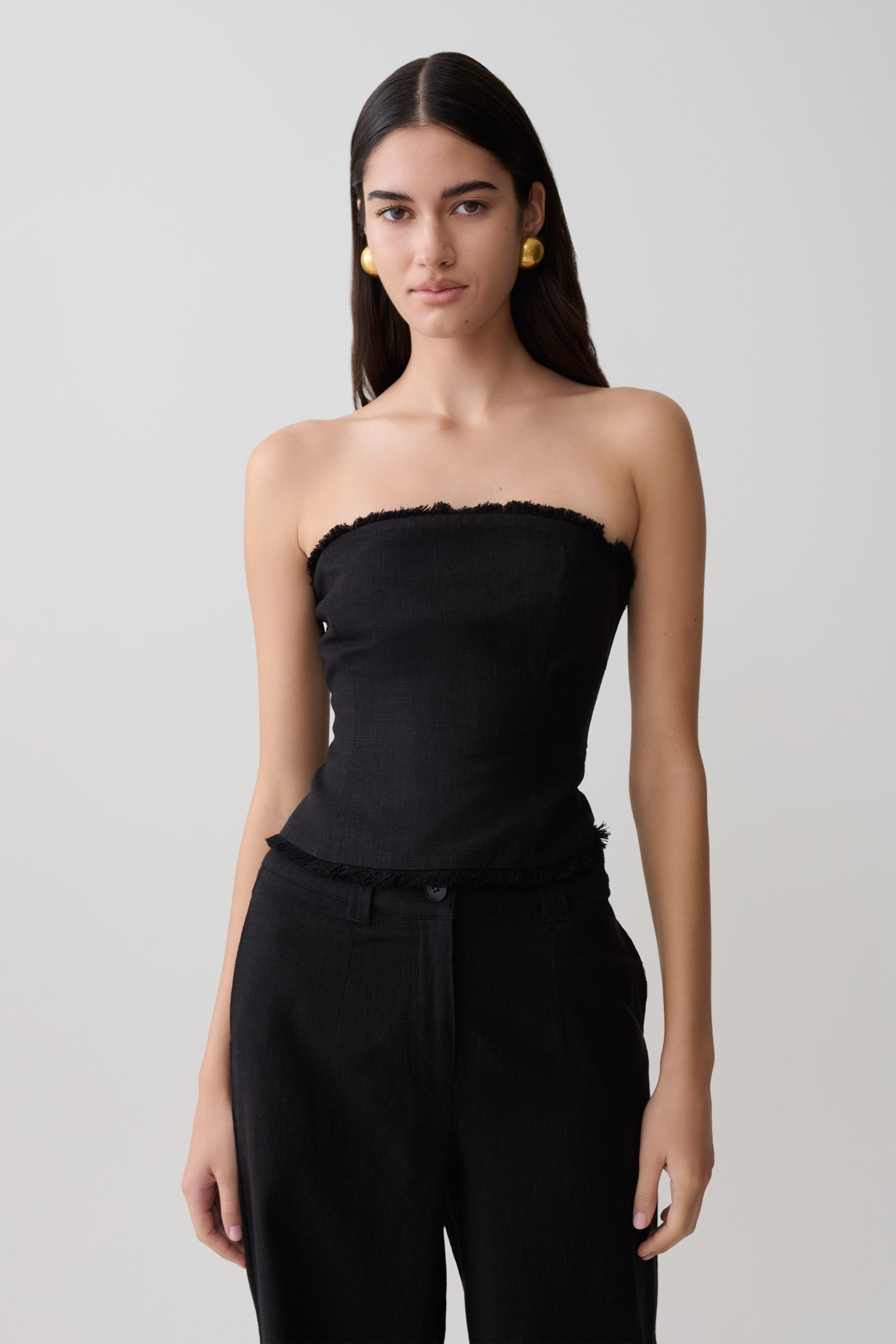 Annie Strapless Tie Back Linen Top - Black