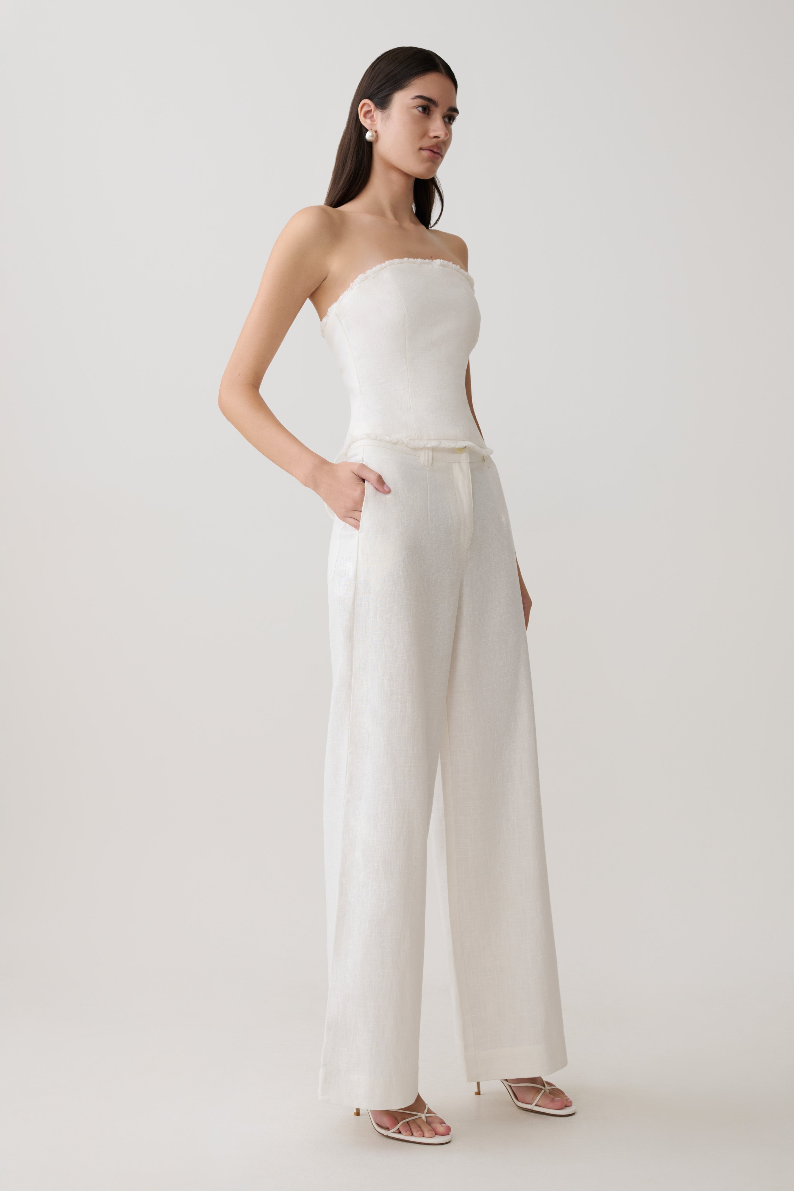 Annie Strapless Tie Back Linen Top - White - Image 4