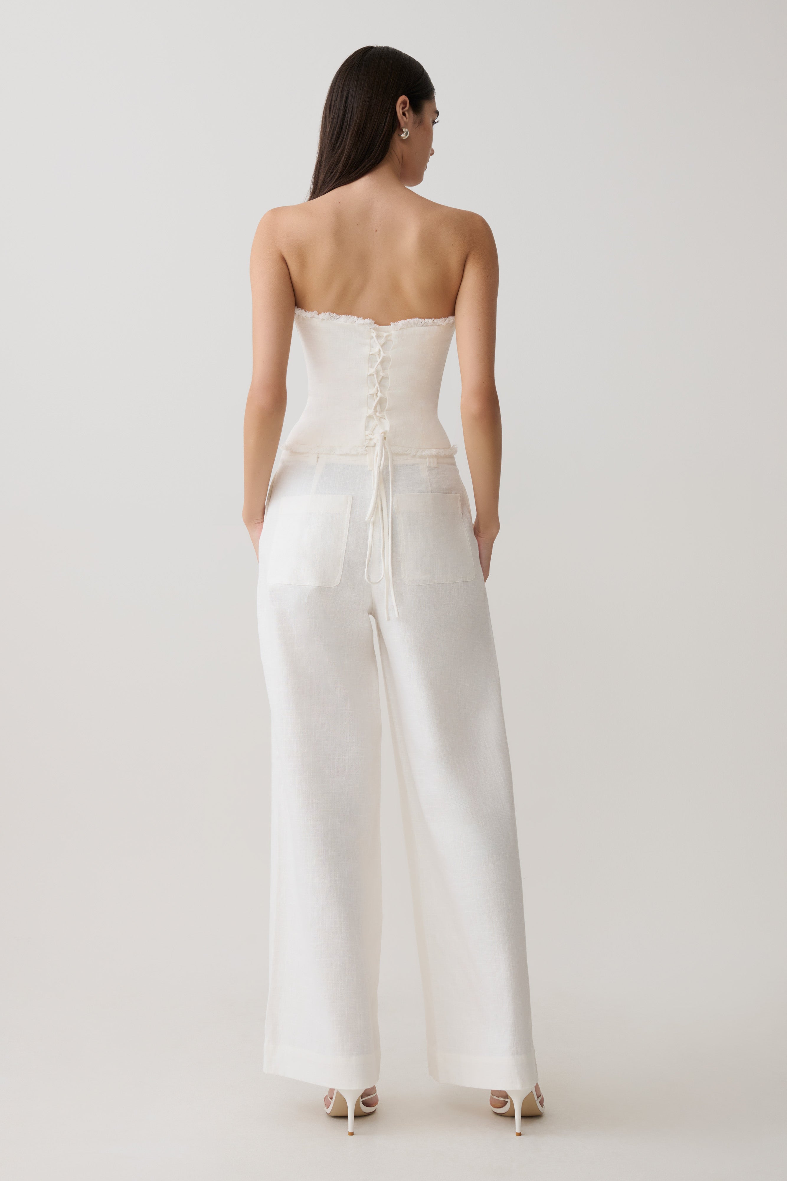 Annie Strapless Tie Back Linen Top - White - Image 5