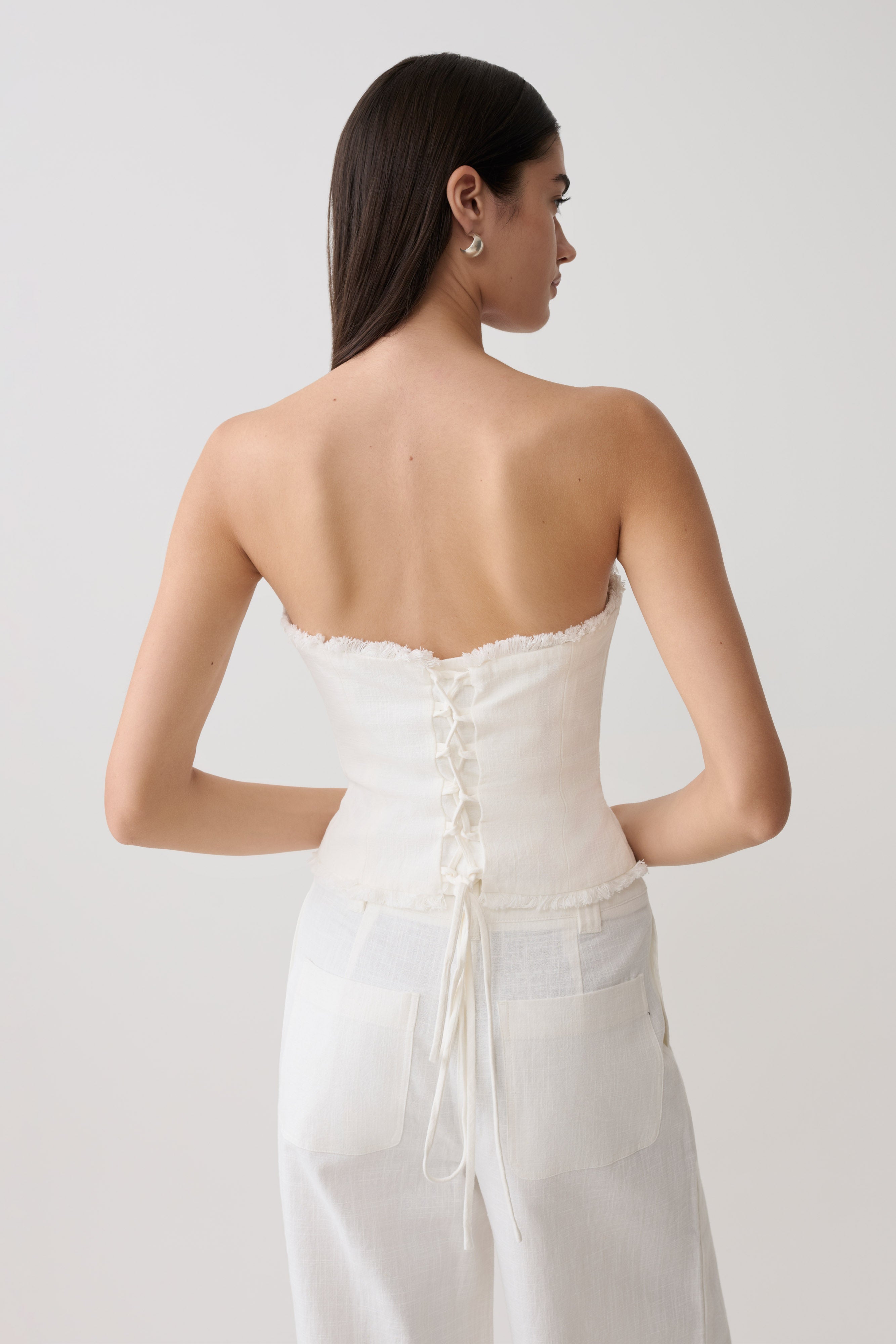 Annie Strapless Tie Back Linen Top - White - Image 2