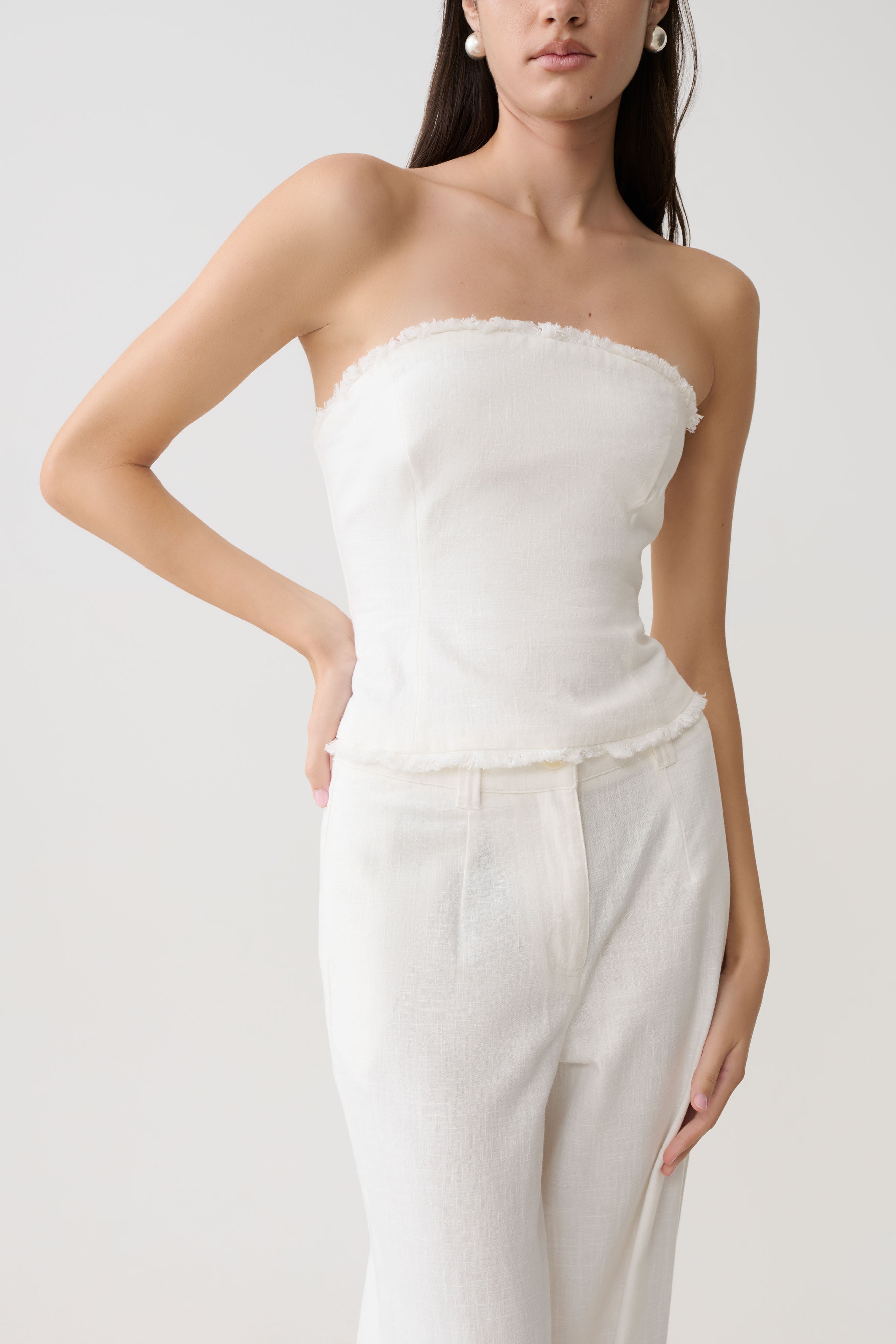 Annie Strapless Tie Back Linen Top - White - Image 3