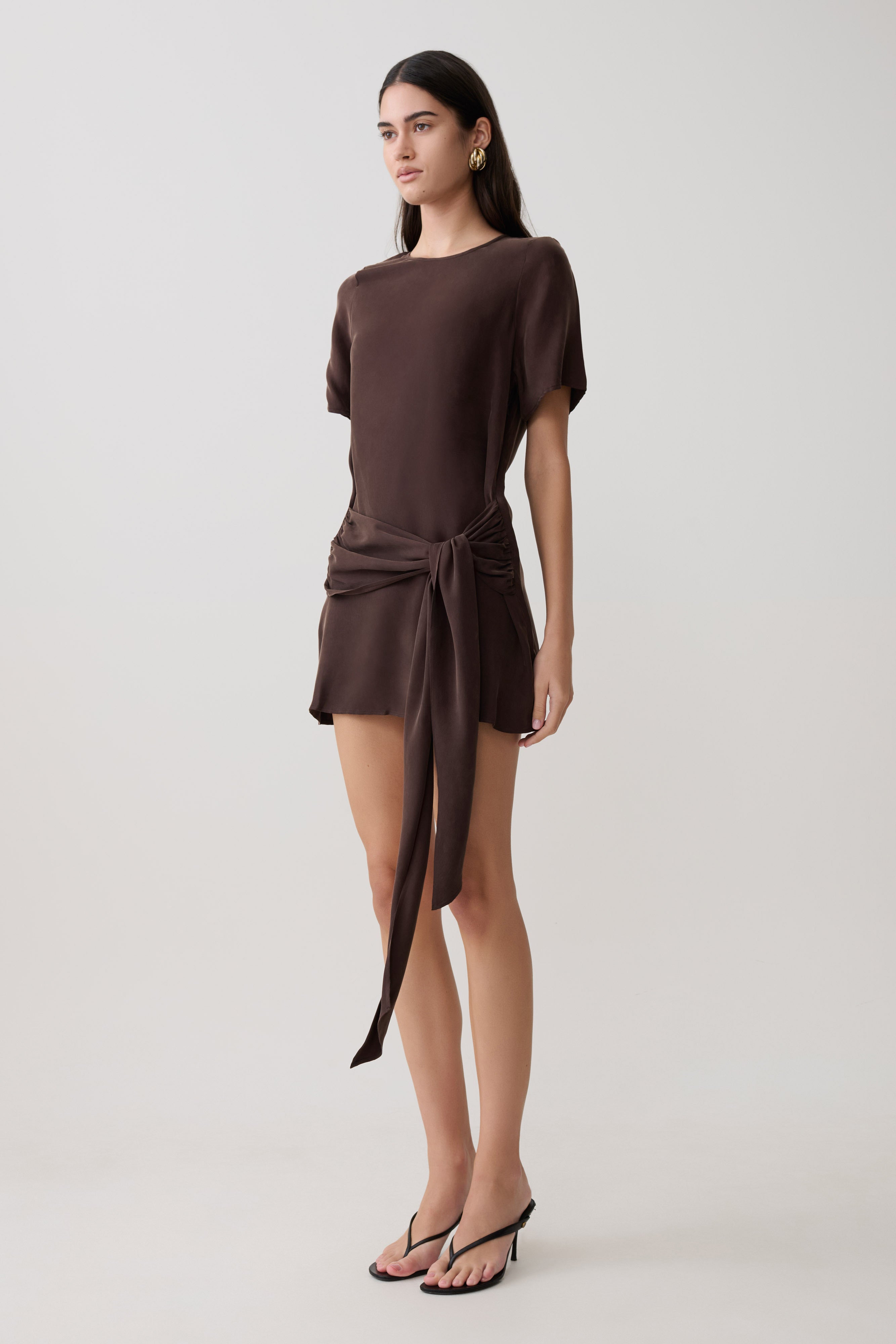 Felicity Short Sleeve Dress With Waist Tie - Dark Chocolate - Image 4