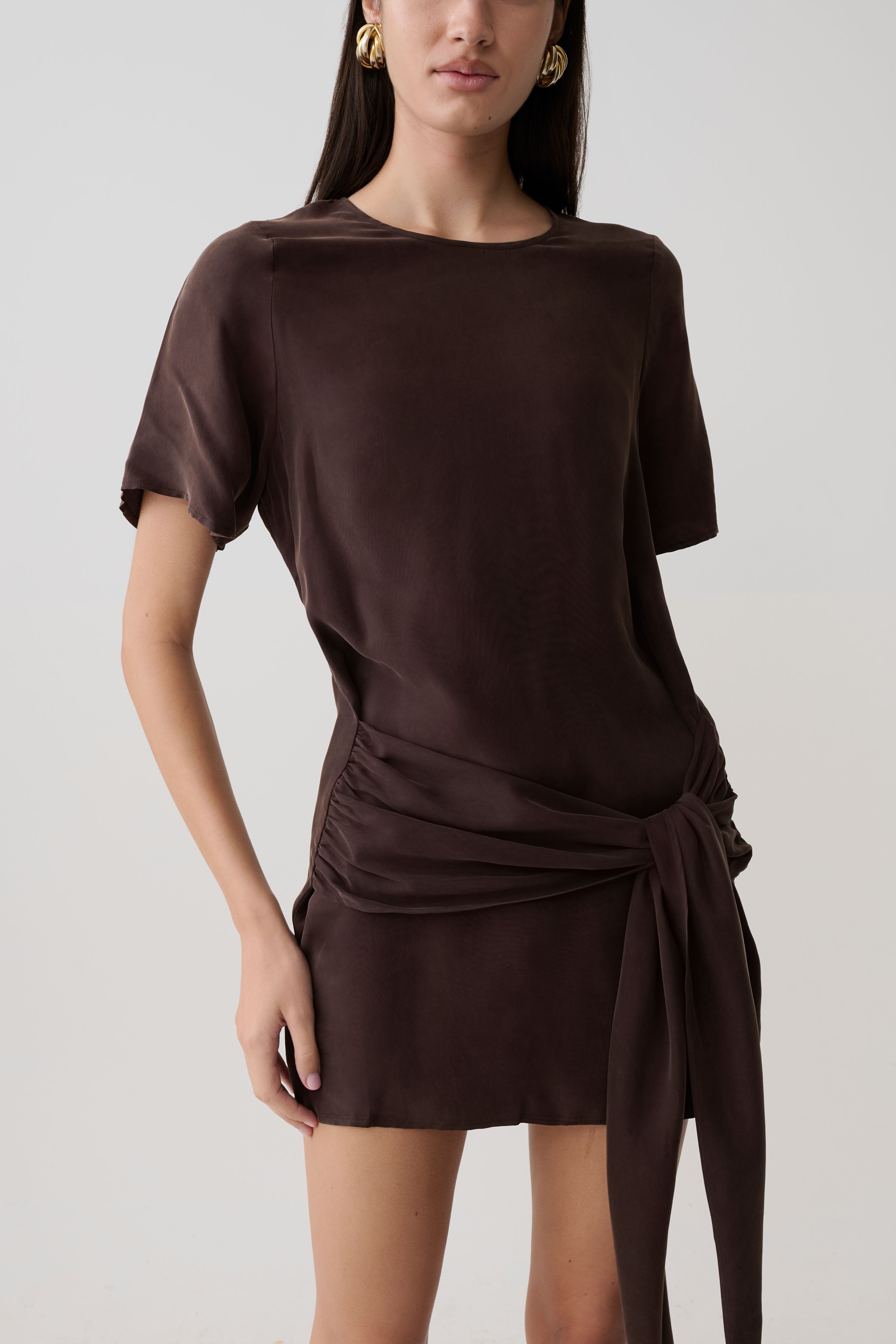 Felicity Short Sleeve Dress With Waist Tie - Dark Chocolate - Image 6