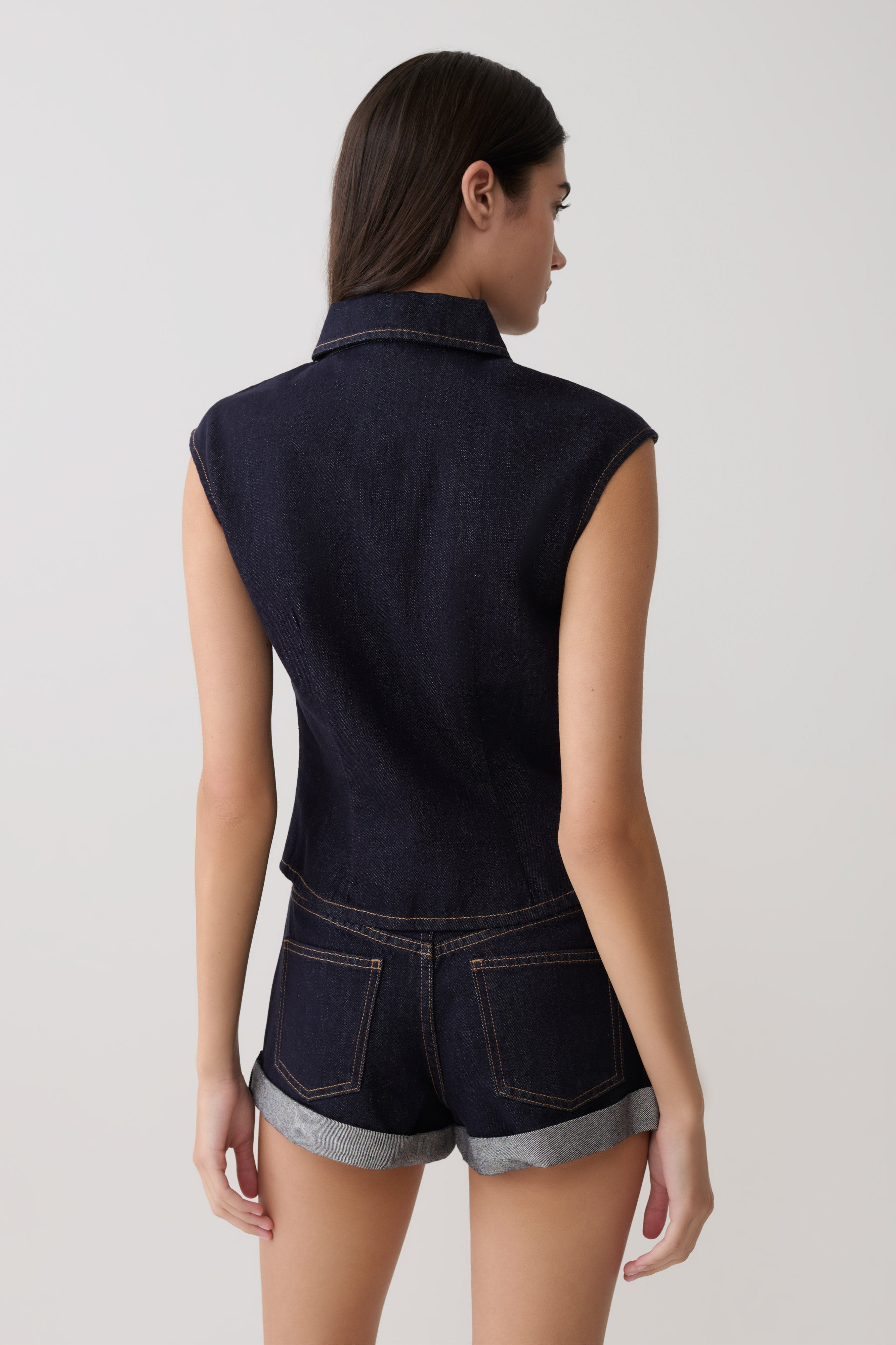 Jeremy Collared Denim Longline Top - Washed Indigo Blue - Image 2