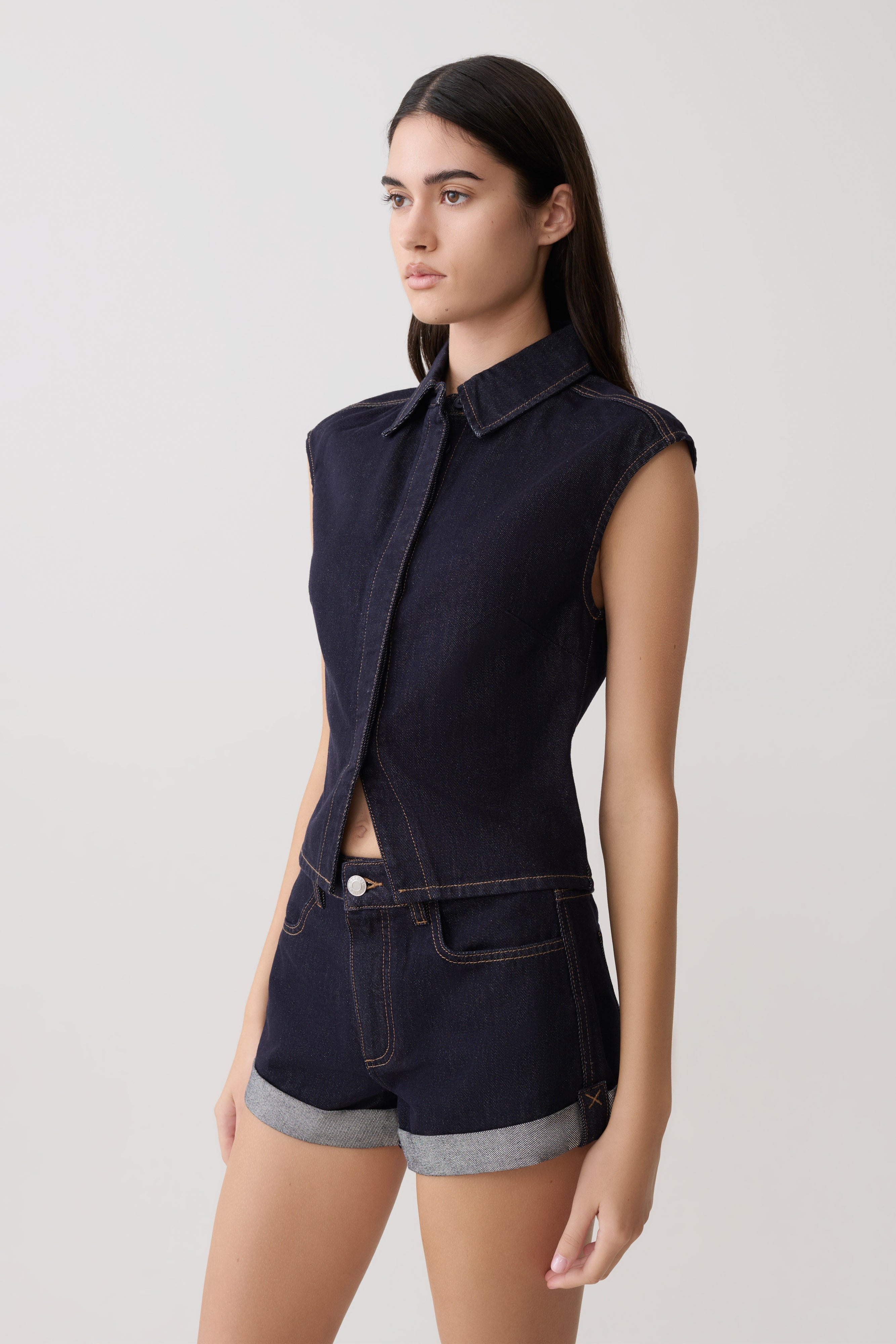 Jeremy Collared Denim Longline Top - Washed Indigo Blue - Image 3