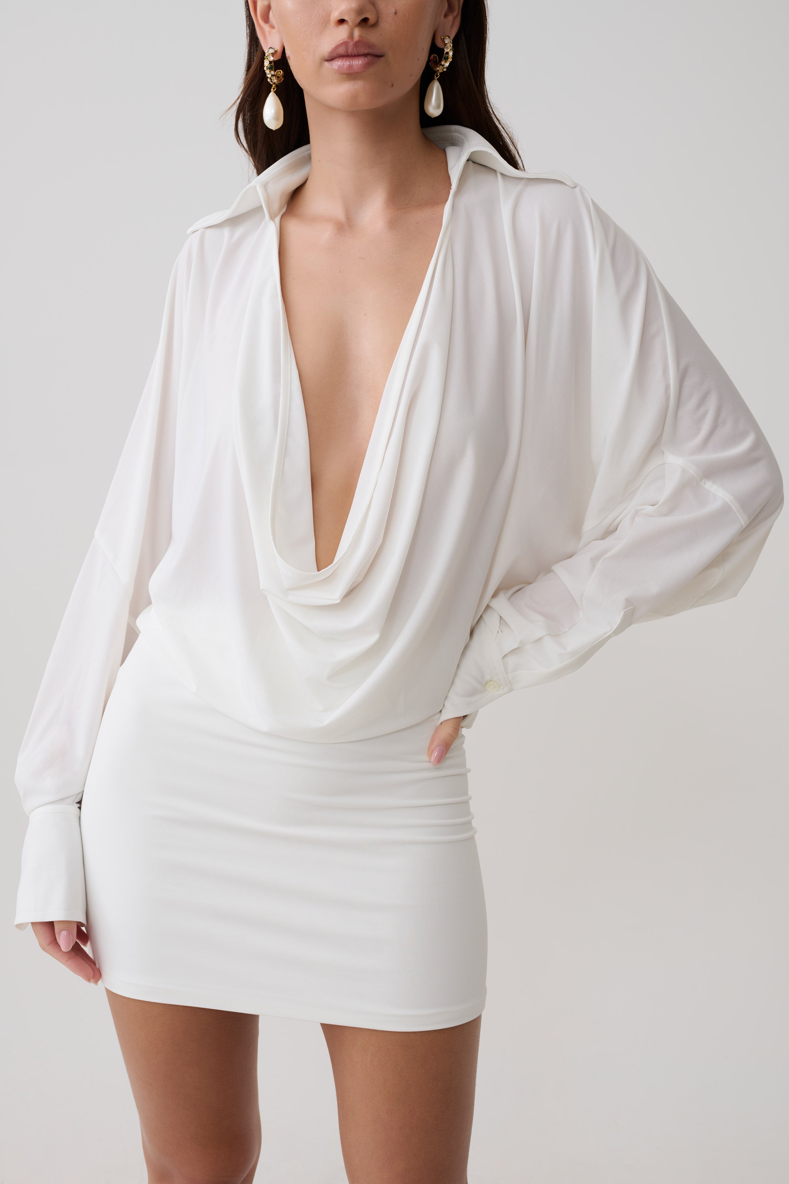 Soleia Cowl Drape Shirt Dress - White - Image 3