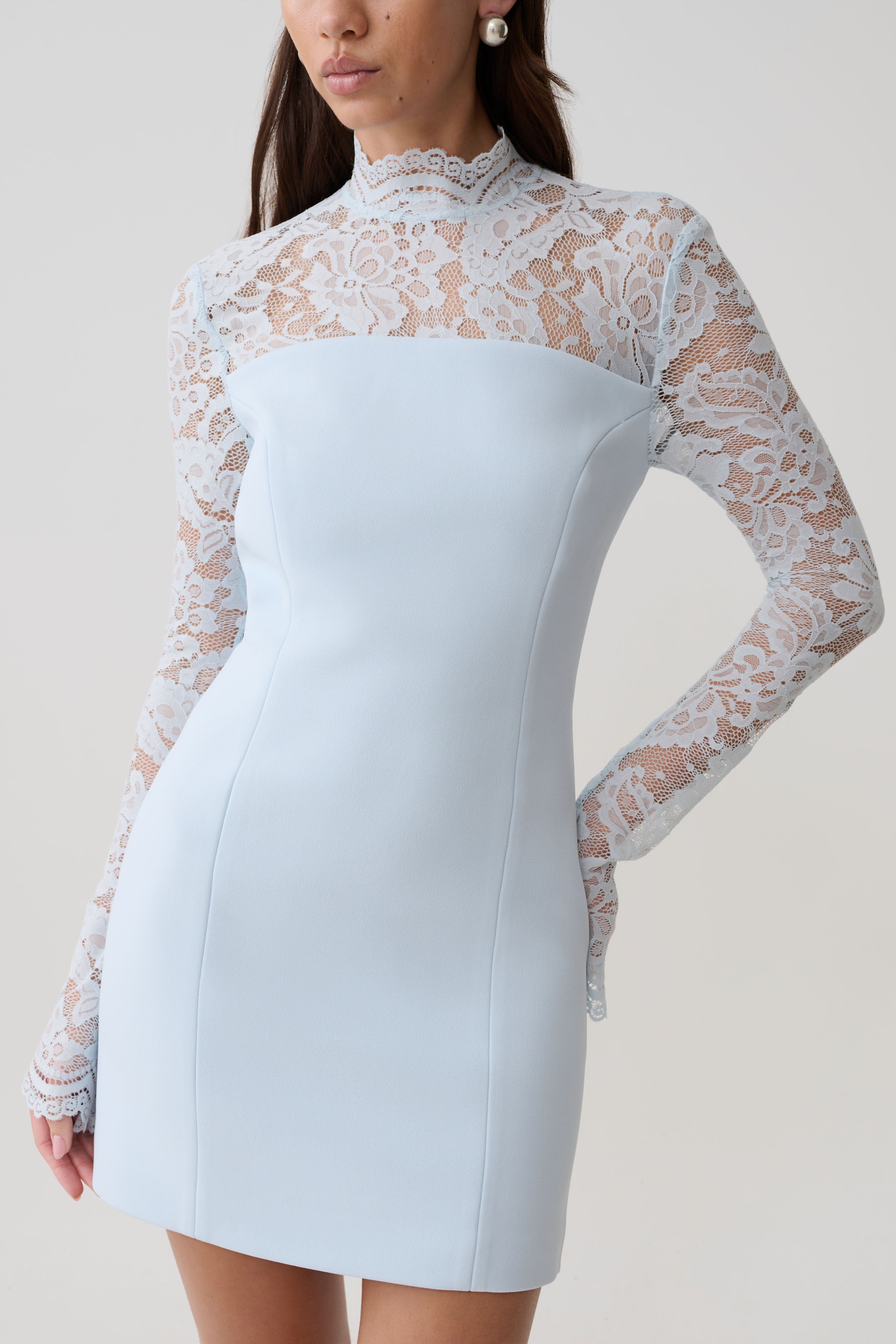 Aurelie Long Sleeve Lace Mini Dress - Sky Blue - Image 3