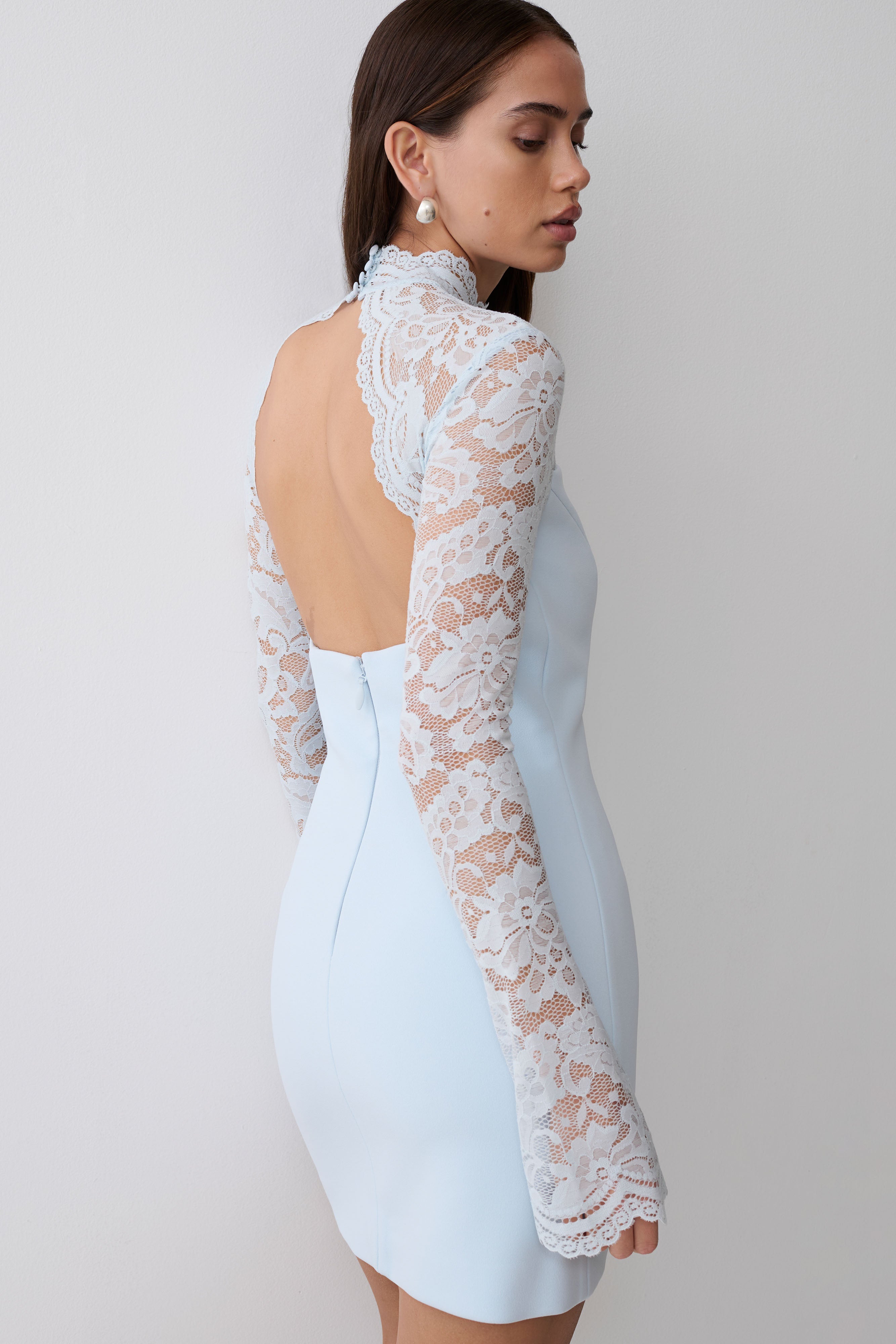 Aurelie Long Sleeve Lace Mini Dress - Sky Blue - Image 6