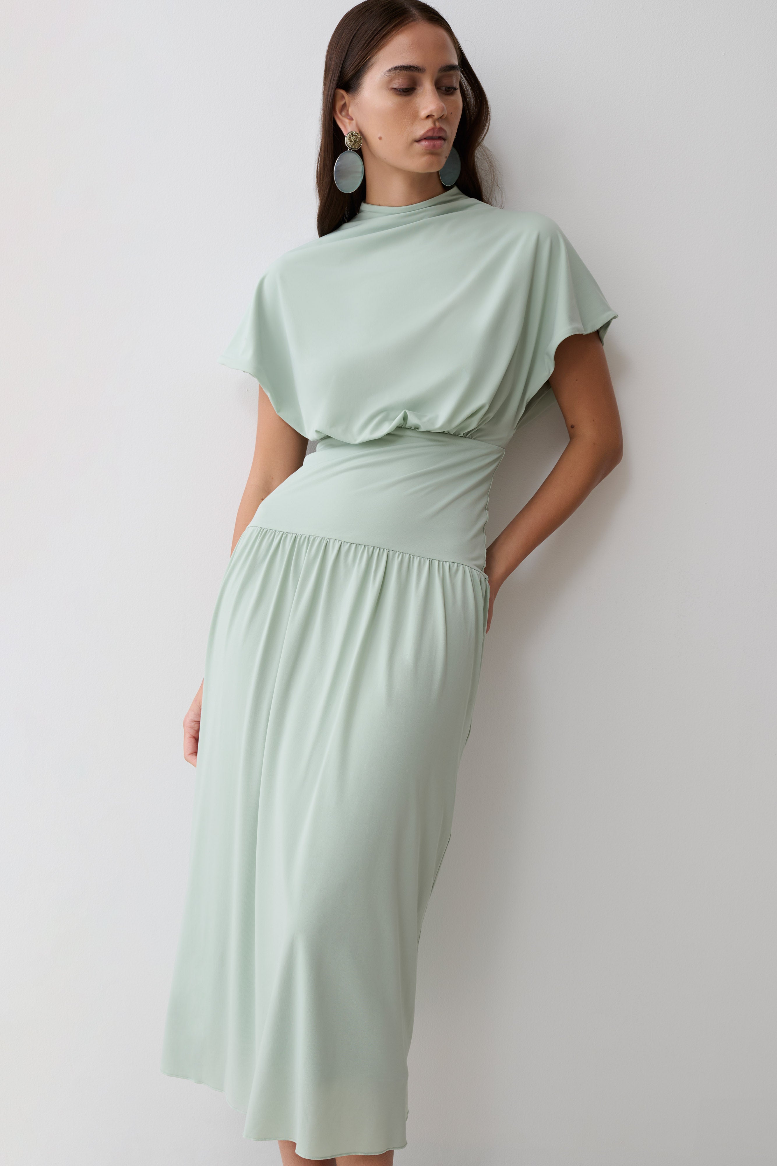 Ailla High Neck Cowl Midi Dress - Aqua Grey - Image 3