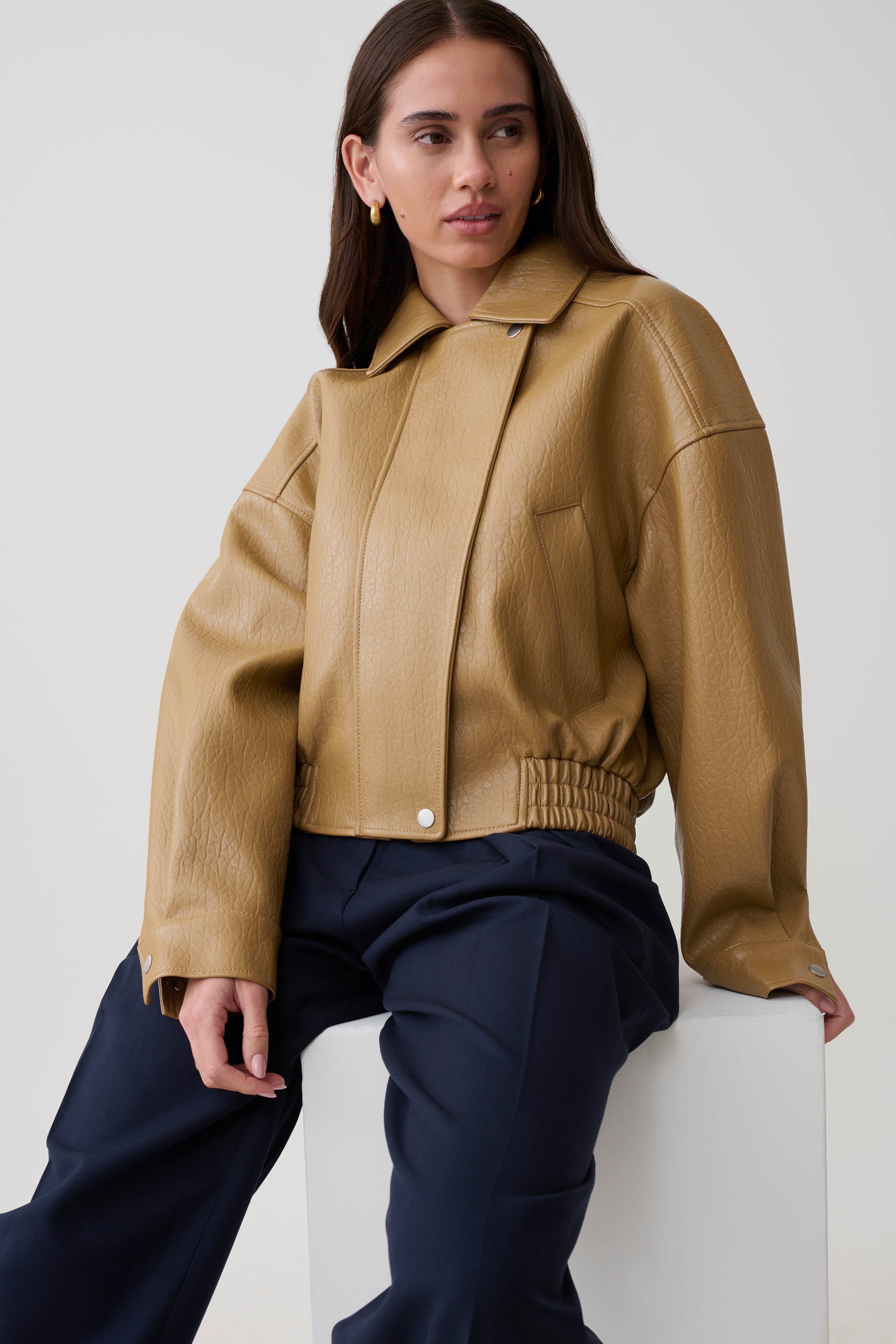 Paige Faux Leather Cropped Jacket - Beige - Image 3