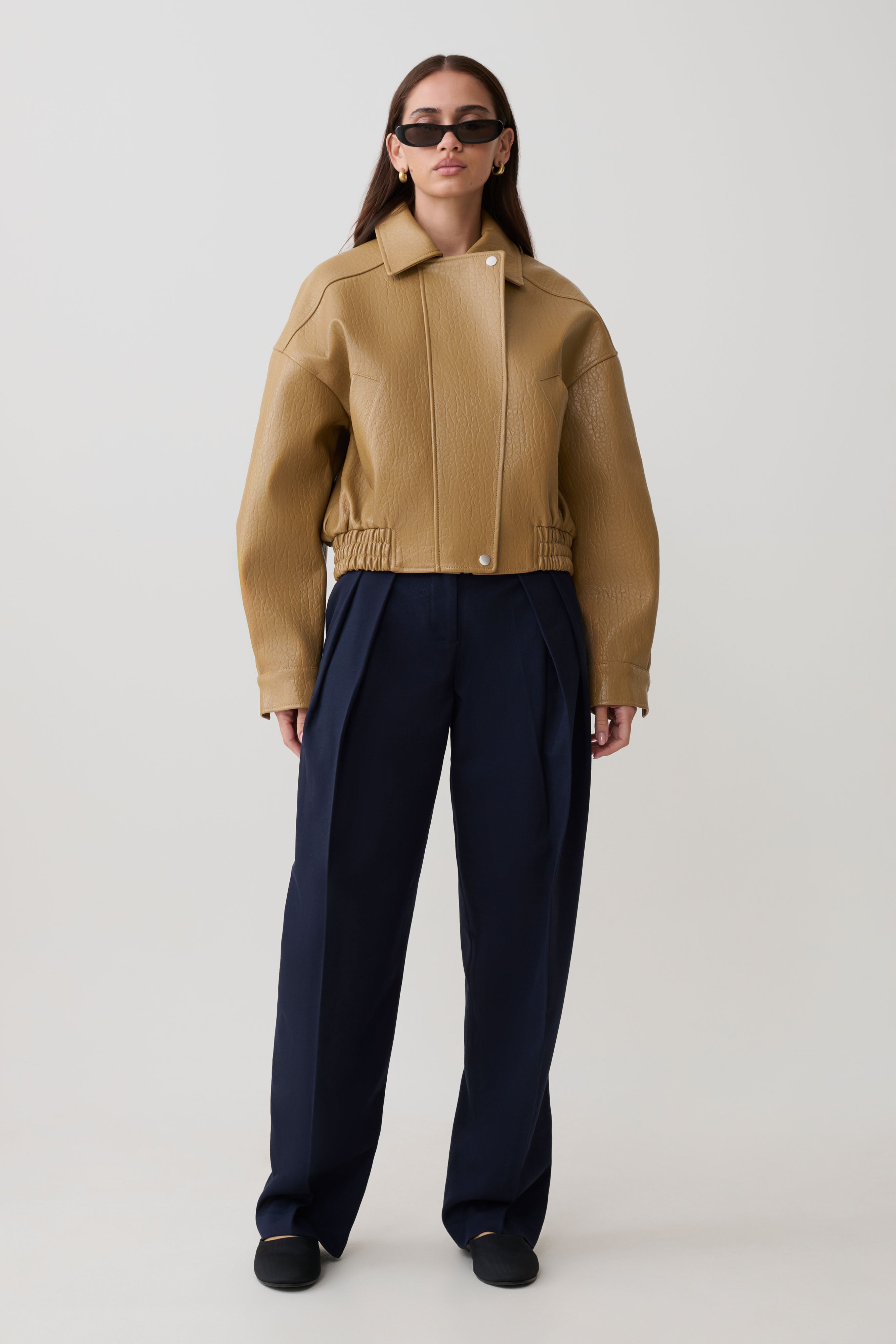 Paige Faux Leather Cropped Jacket - Beige - Image 6