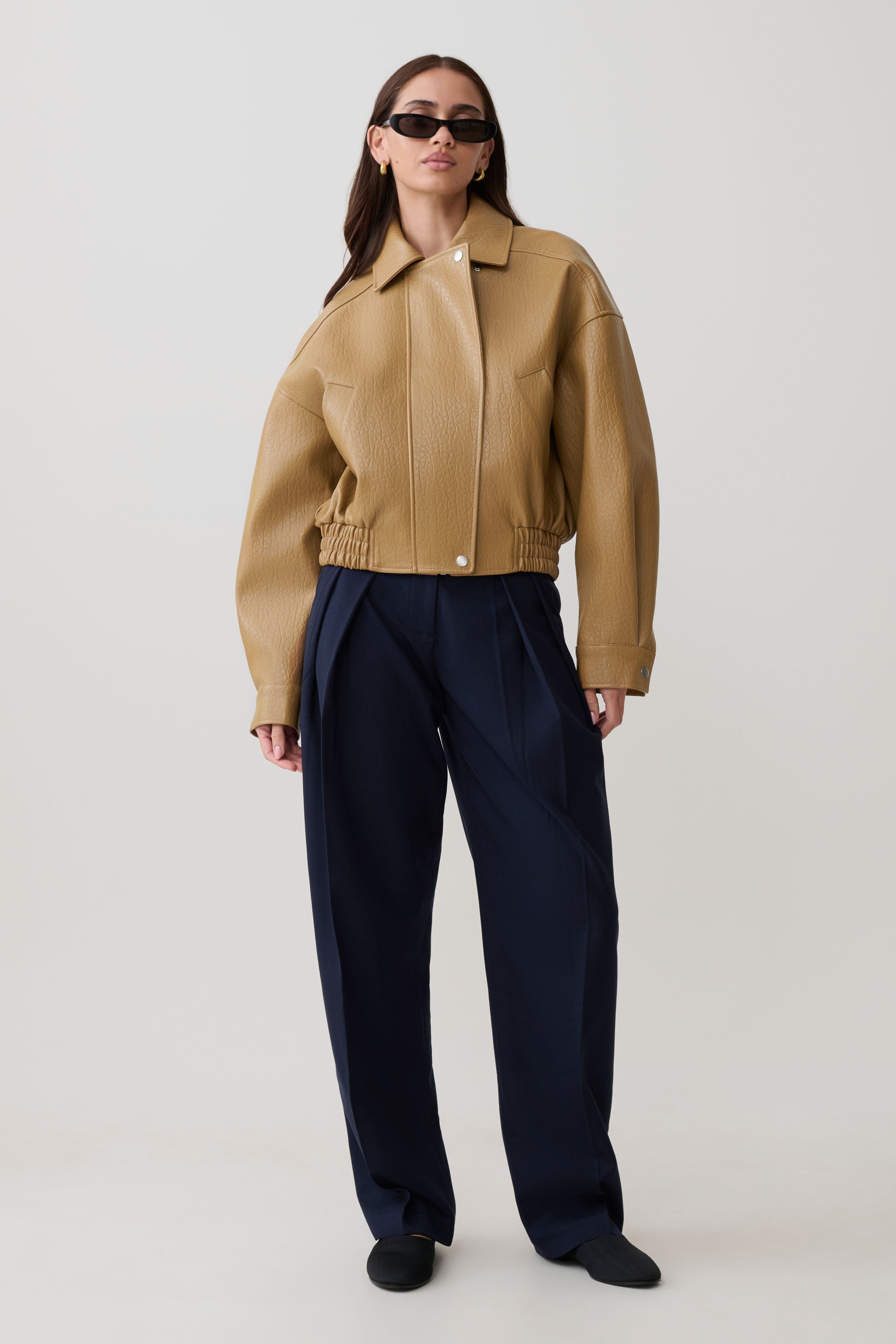 Paige Faux Leather Cropped Jacket - Beige - Image 7