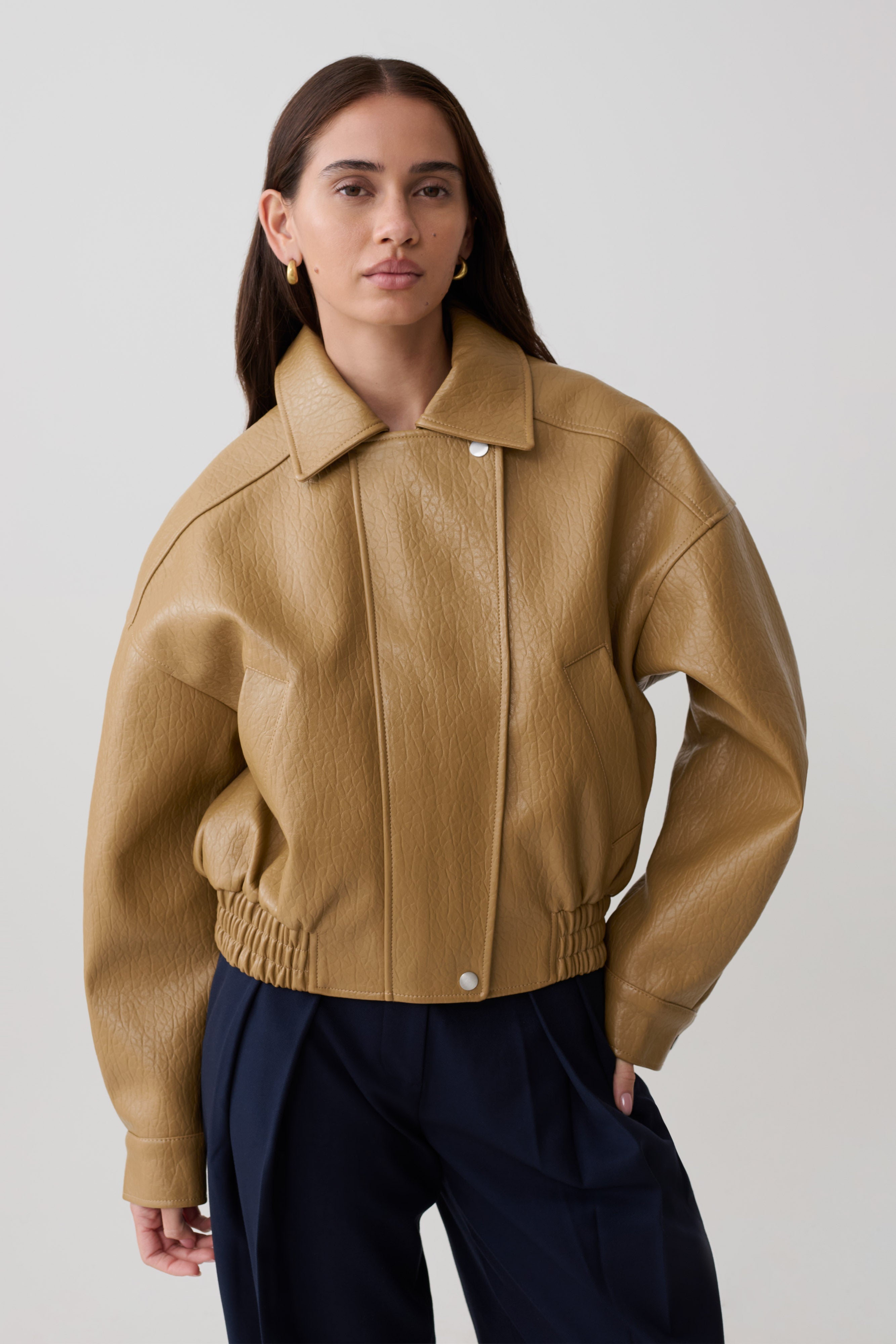 Paige Faux Leather Cropped Jacket - Beige - Image 4