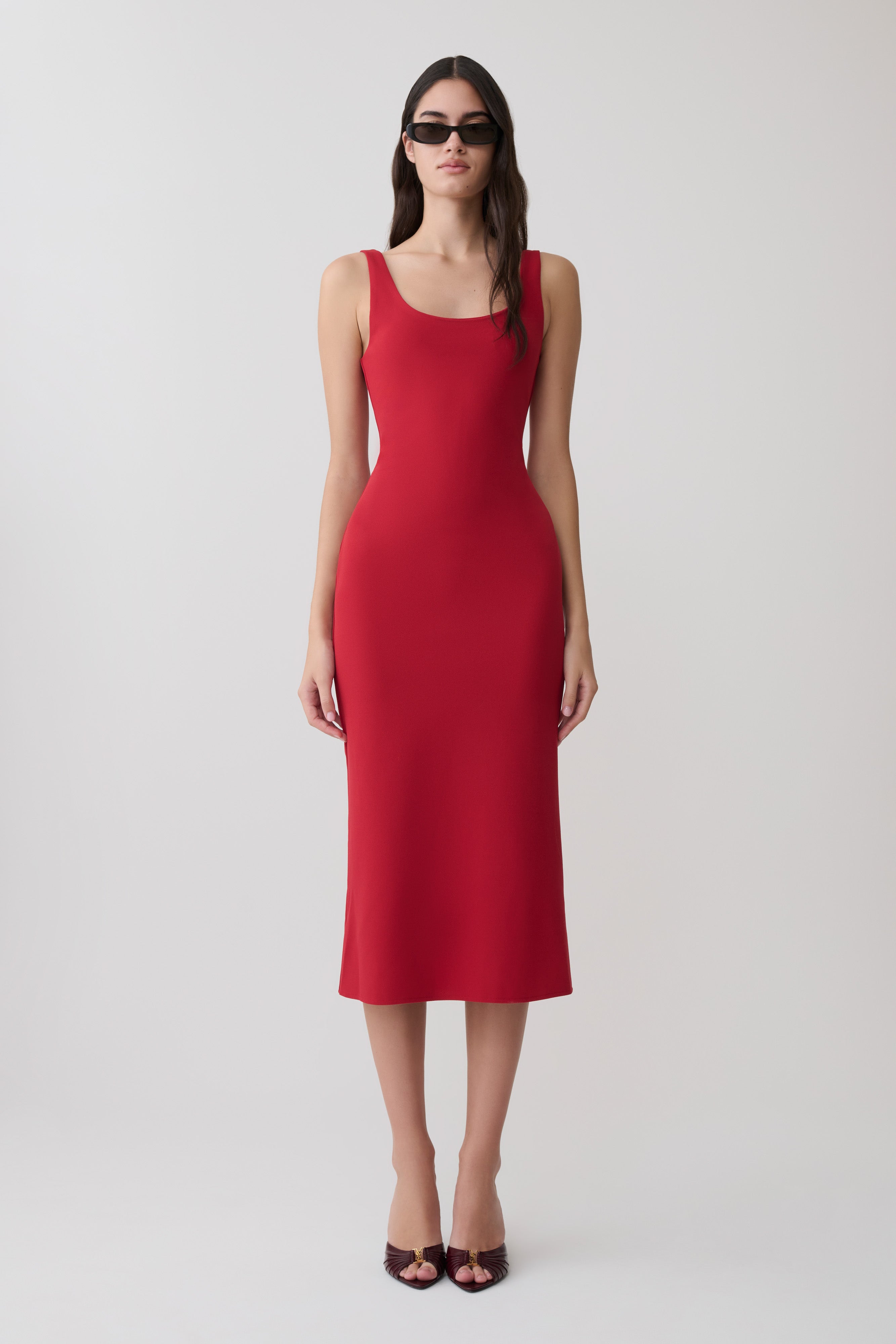 Allyra Scoop Stretch Crepe Midi Dress - Red - Image 6