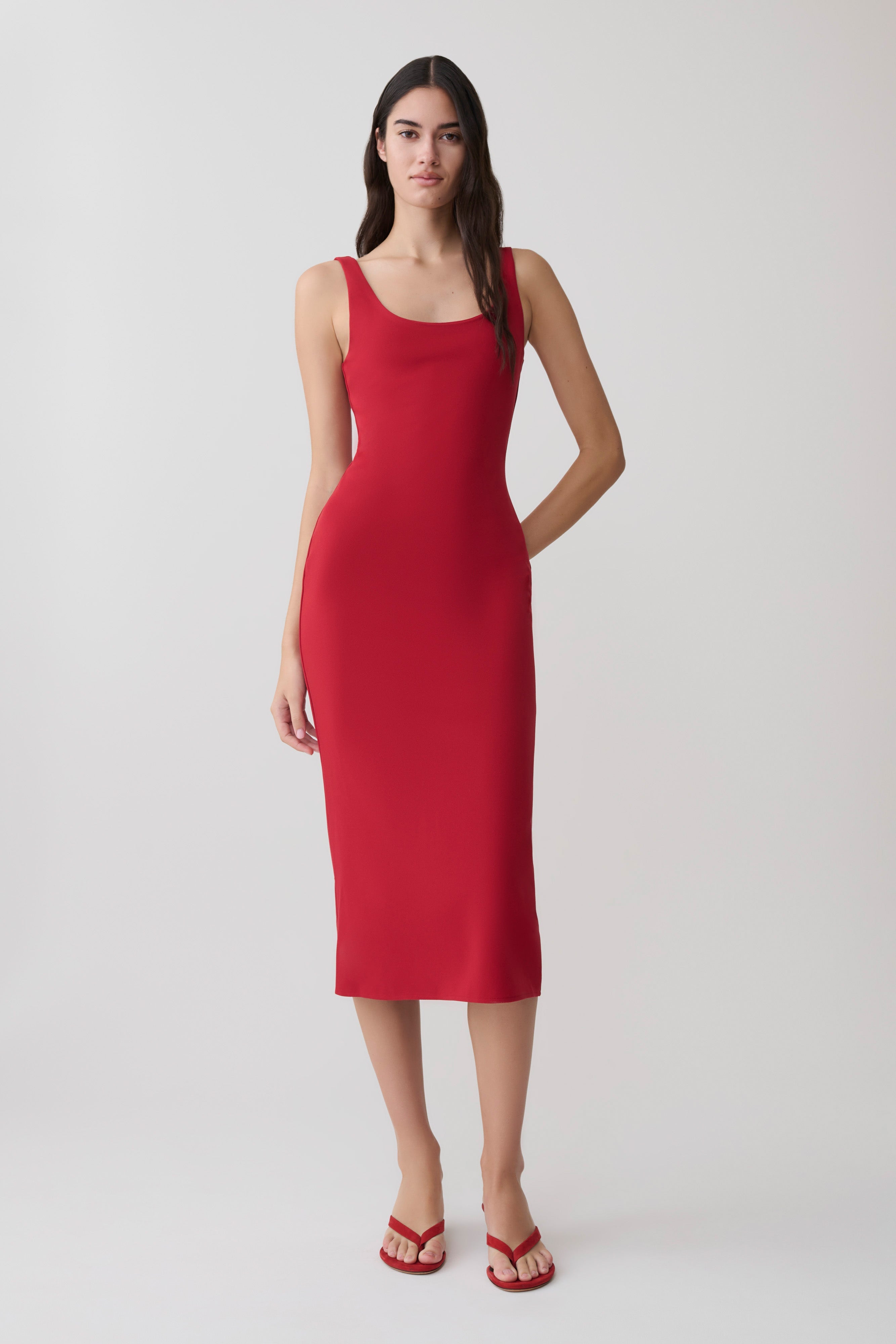 Allyra Scoop Stretch Crepe Midi Dress - Red - Image 3