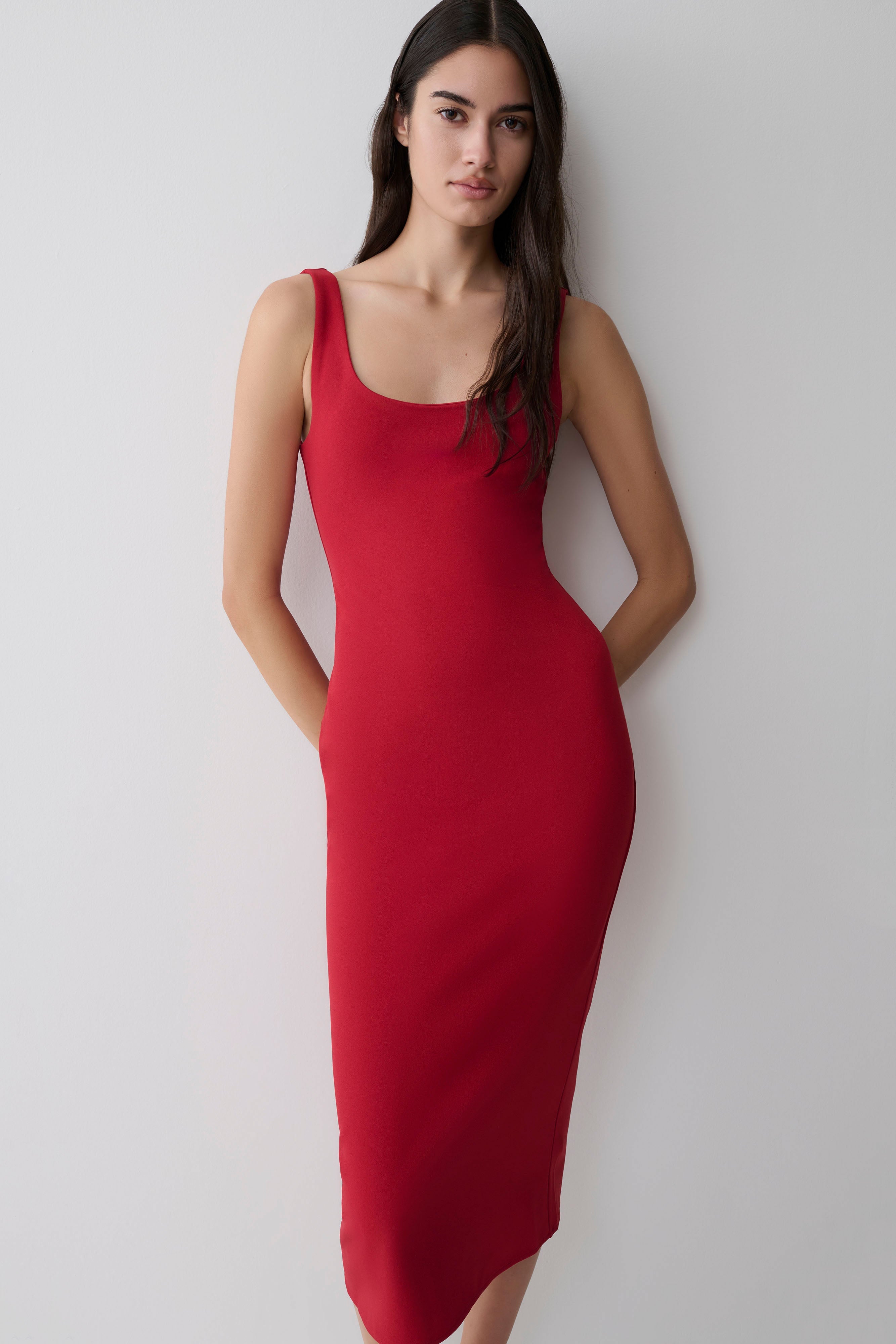 Allyra Scoop Stretch Crepe Midi Dress - Red - Image 4