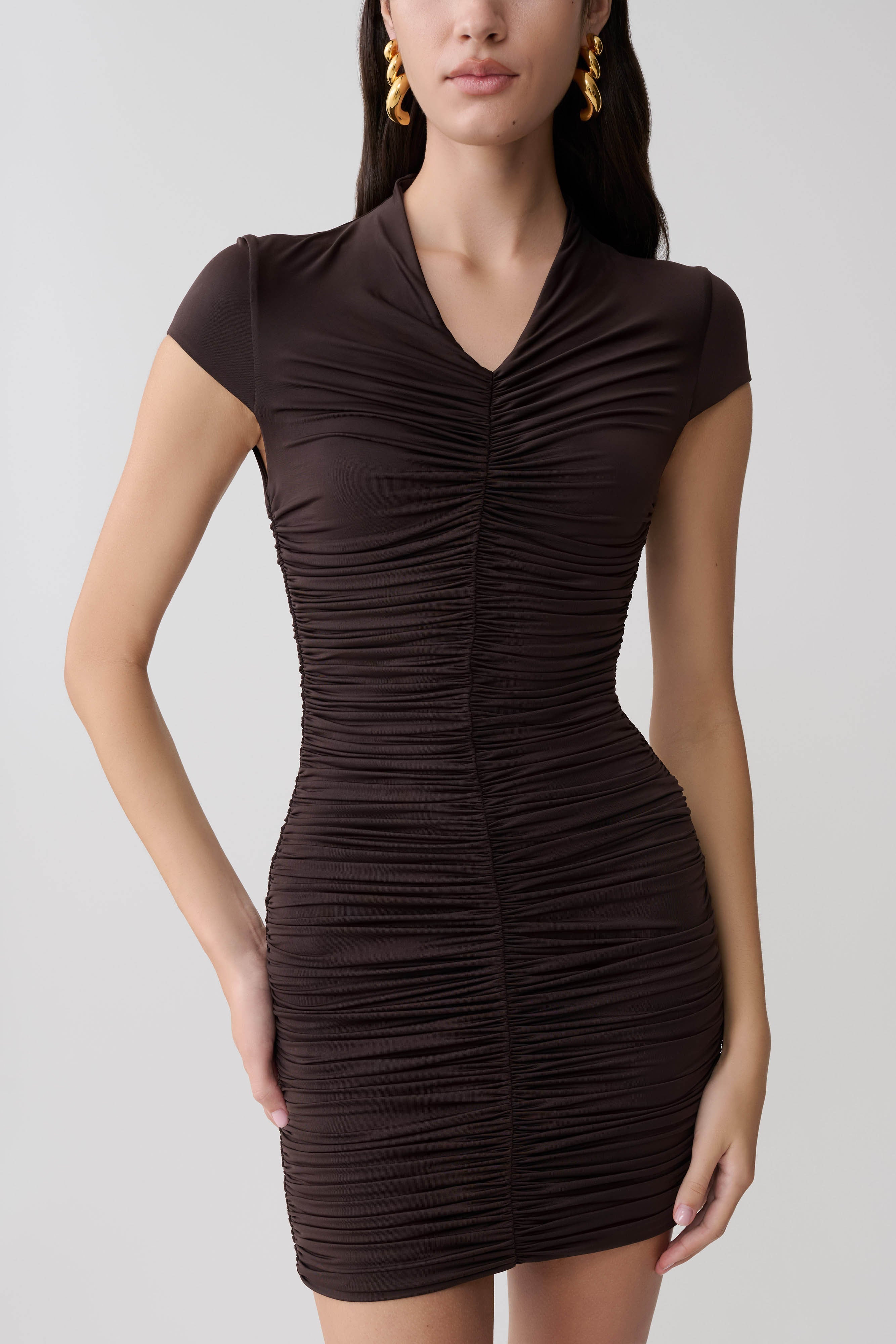 Alphine Gathered Short Sleeve Mini Dress - Chocolate - Image 3