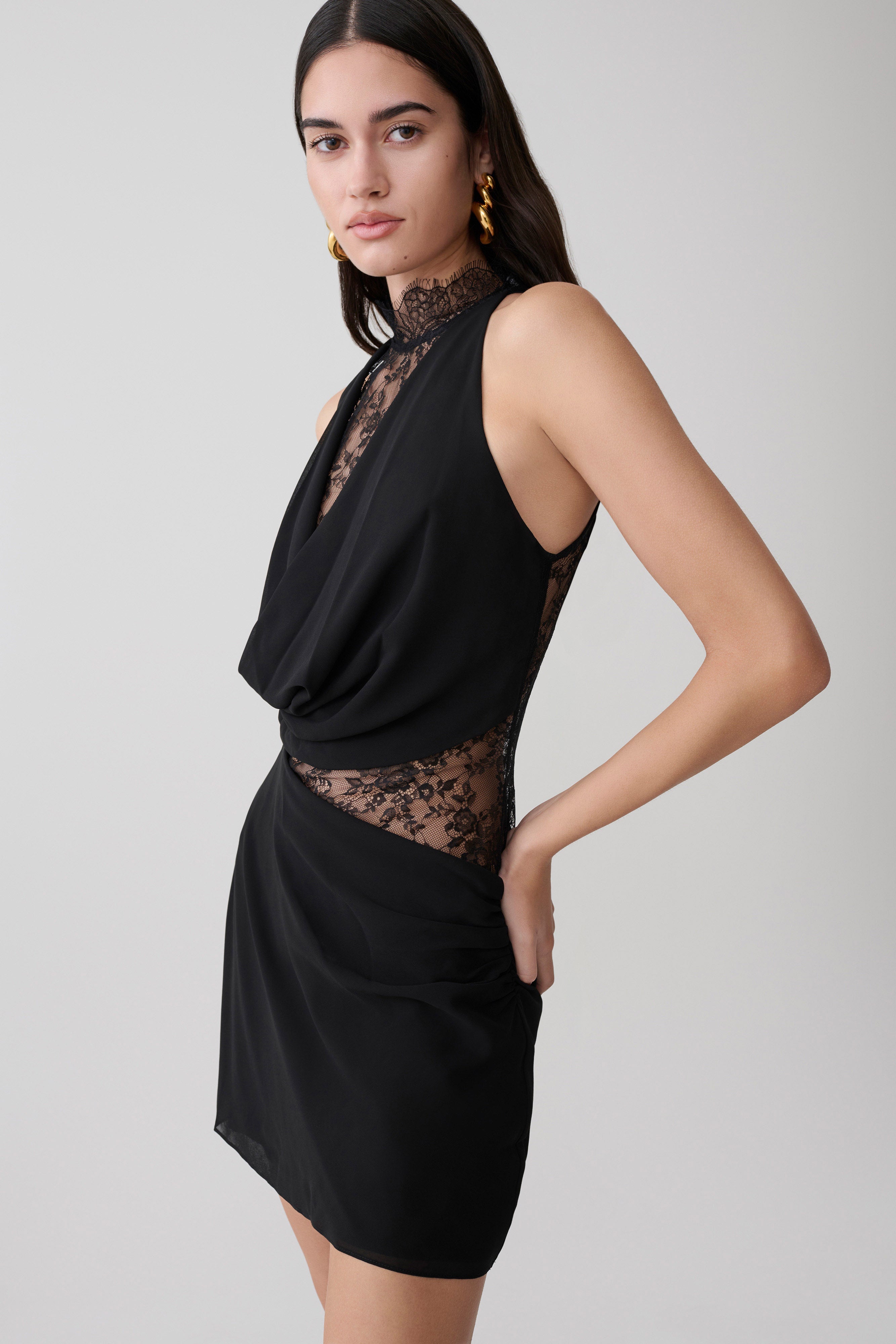 Arra Chiffon And Lace Halter Mini Dress - Black - Image 3