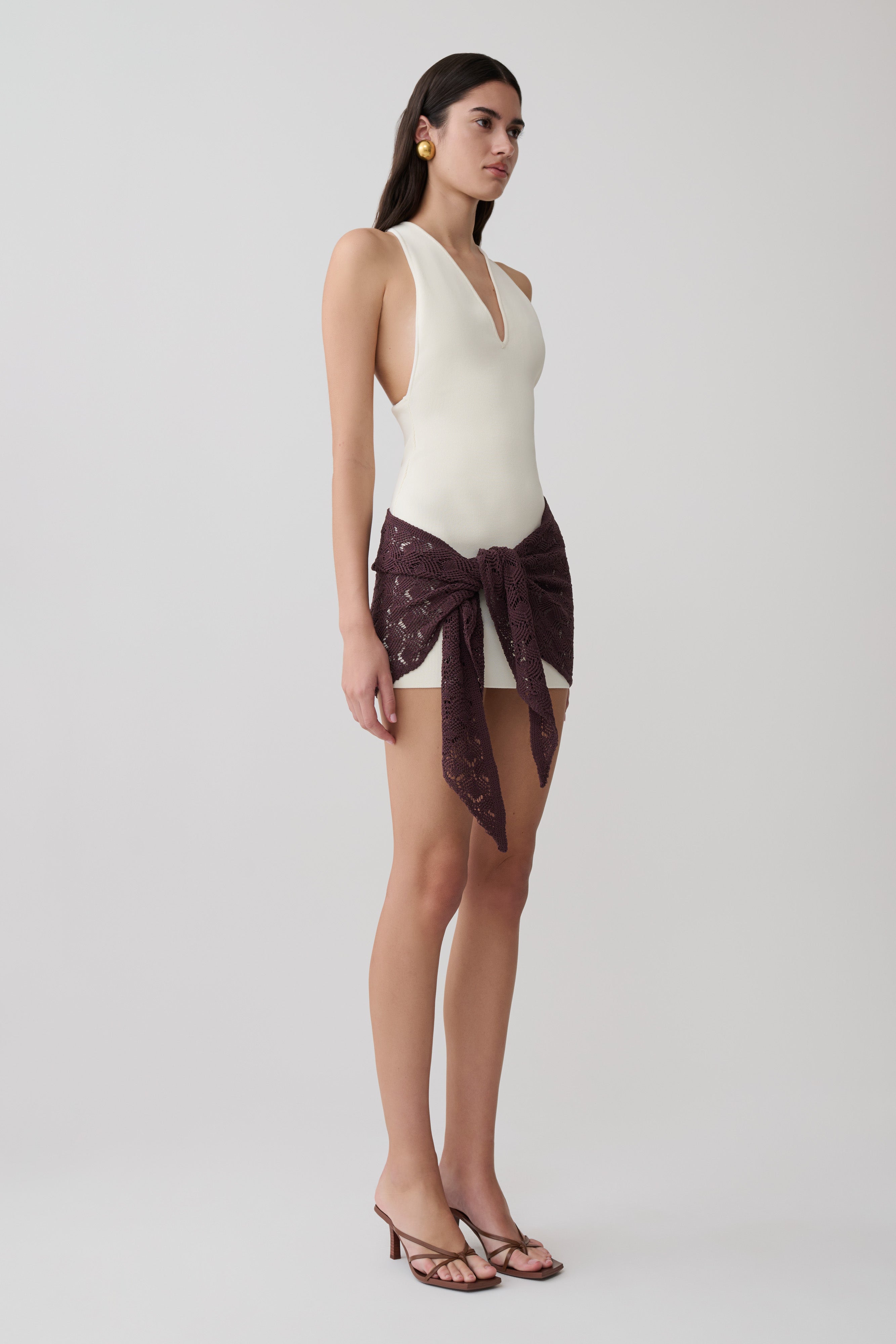 Mollie Mini Dress With Crochet Overlay - White/Chocolate - Image 4