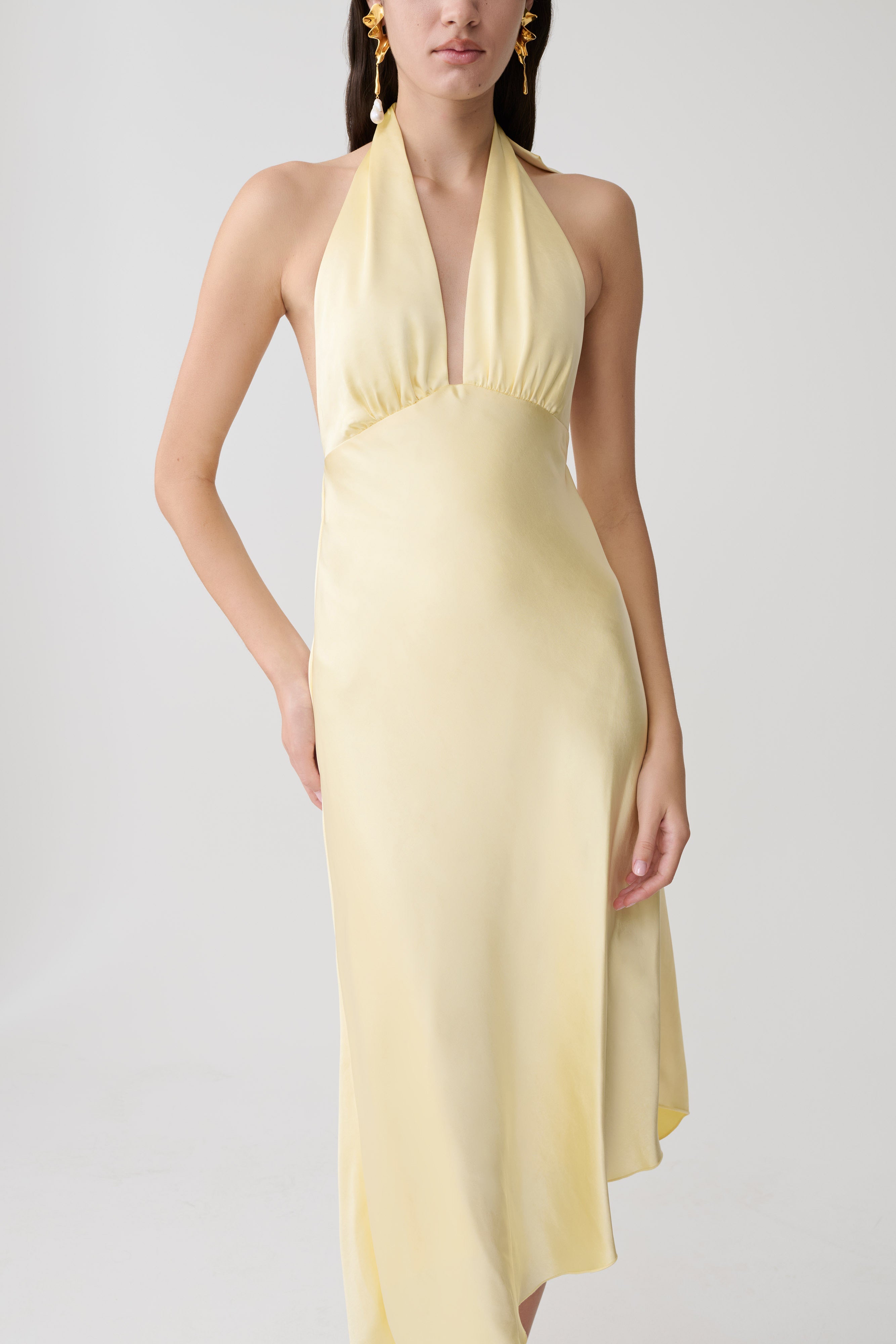 Adelie Asymmetric Hem Halter Midi Dress - Butter - Image 3