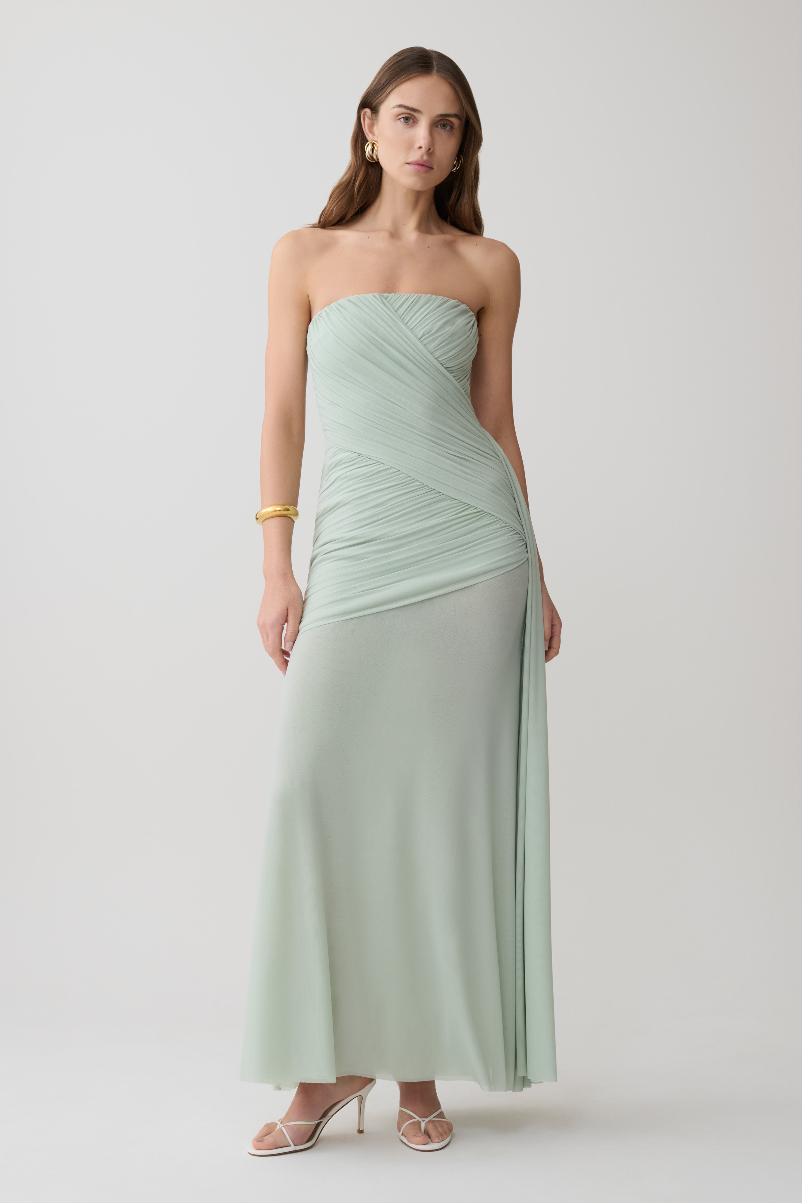 Monet Strapless Ruched Mesh Maxi Dress - Aqua Grey - Image 5
