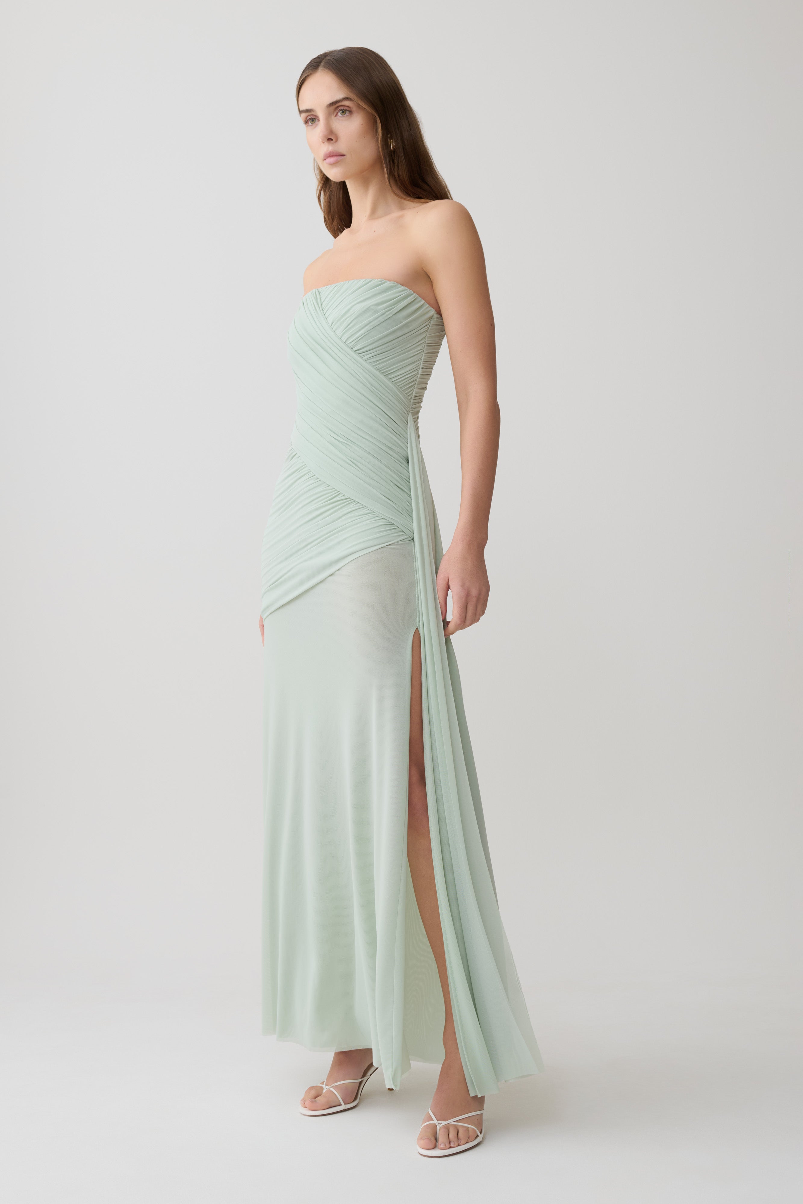 Monet Strapless Ruched Mesh Maxi Dress - Aqua Grey - Image 4