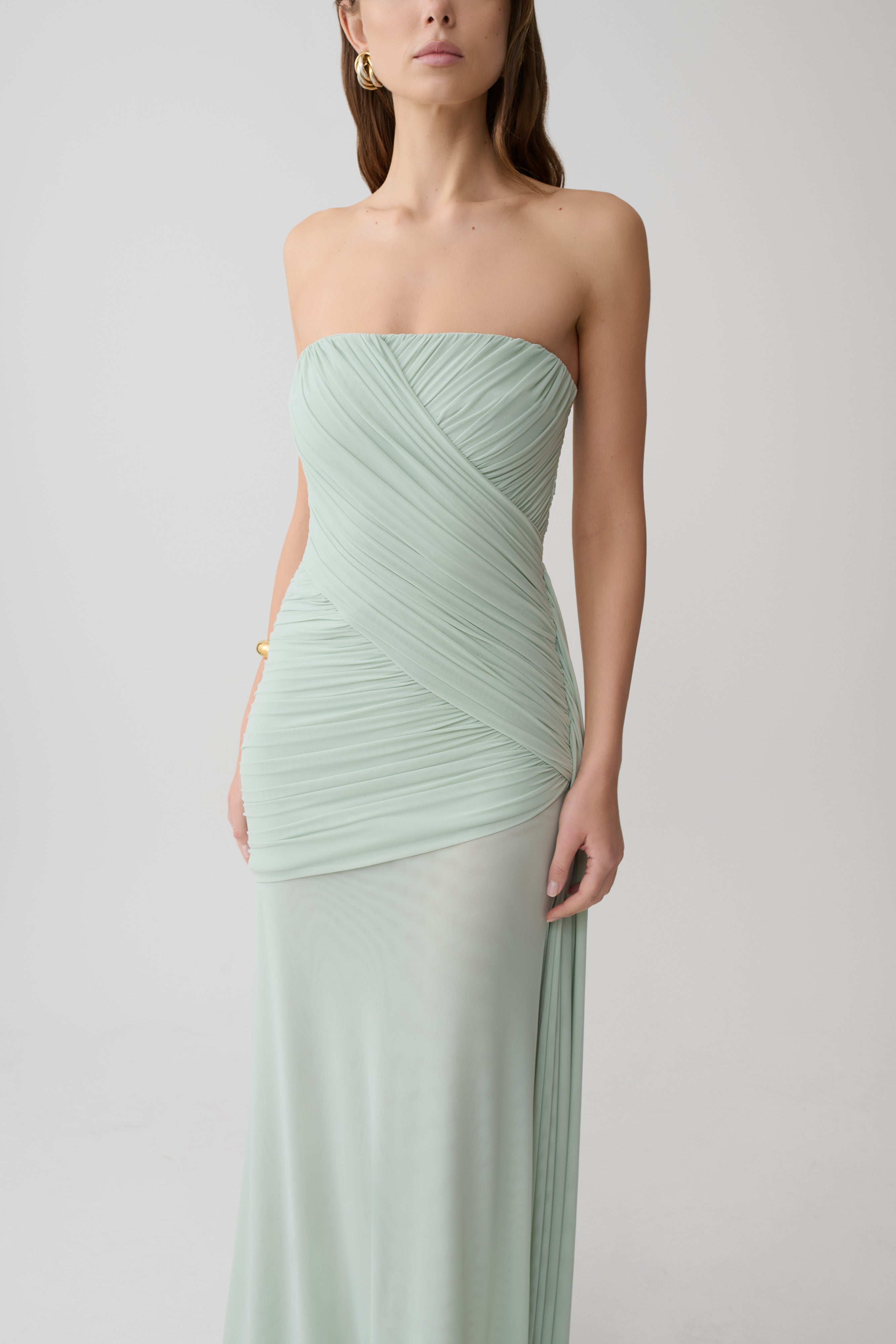 Monet Strapless Ruched Mesh Maxi Dress - Aqua Grey - Image 3