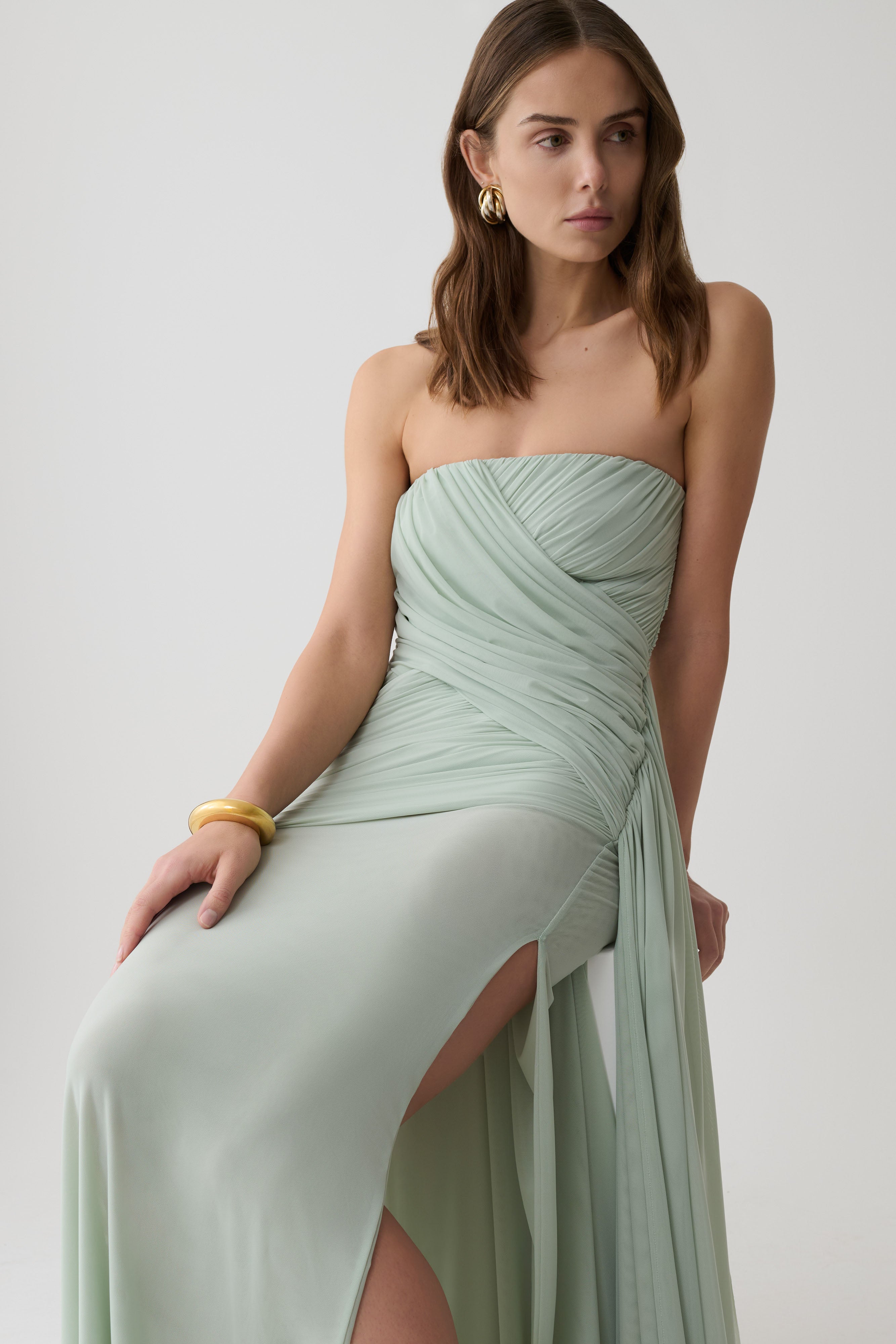 Monet Strapless Ruched Mesh Maxi Dress - Aqua Grey - Image 6