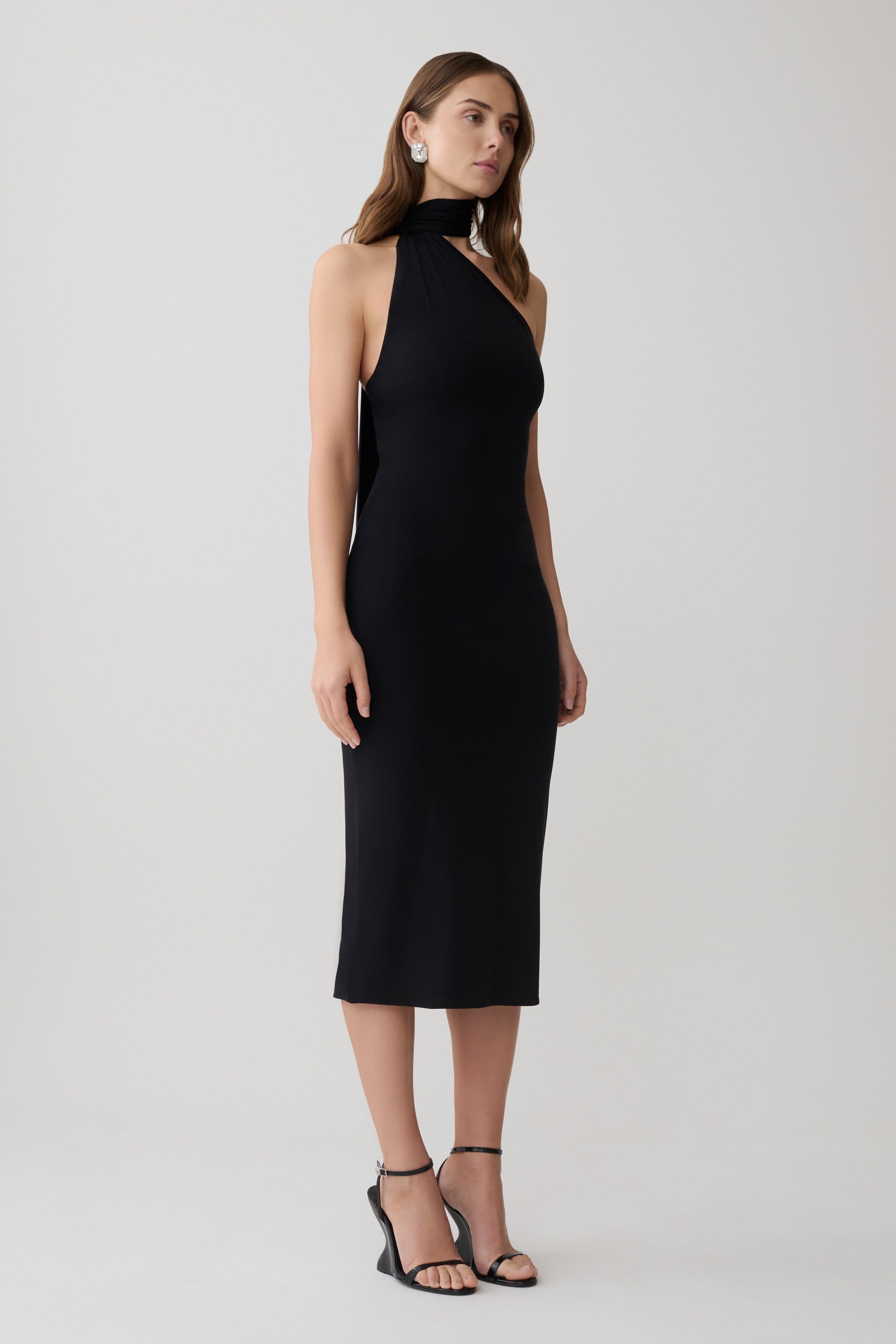 Jemma One Shoulder Tie Midi Dress - Black - Image 4