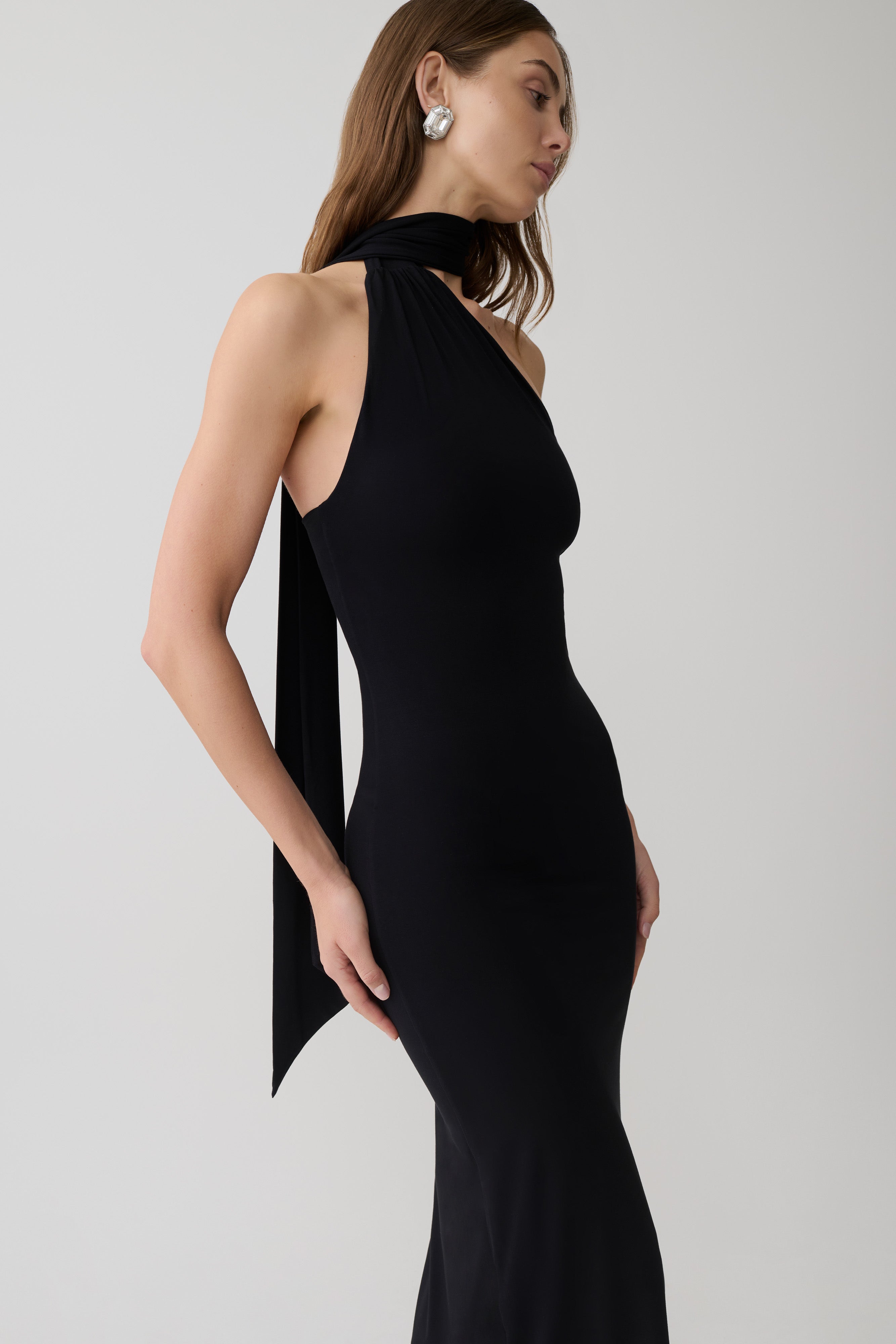 Jemma One Shoulder Tie Midi Dress - Black - Image 3