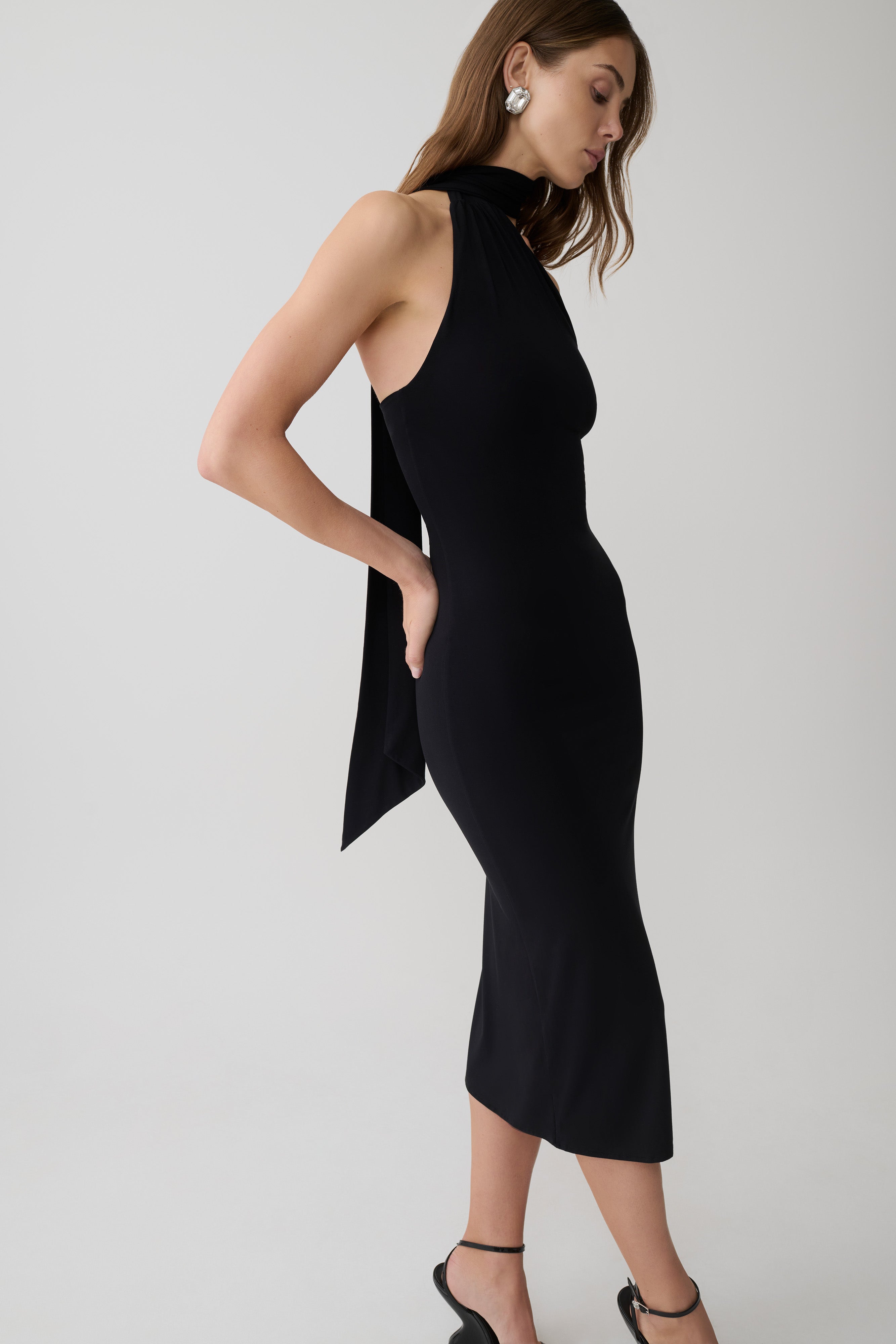 Jemma One Shoulder Tie Midi Dress - Black - Image 6