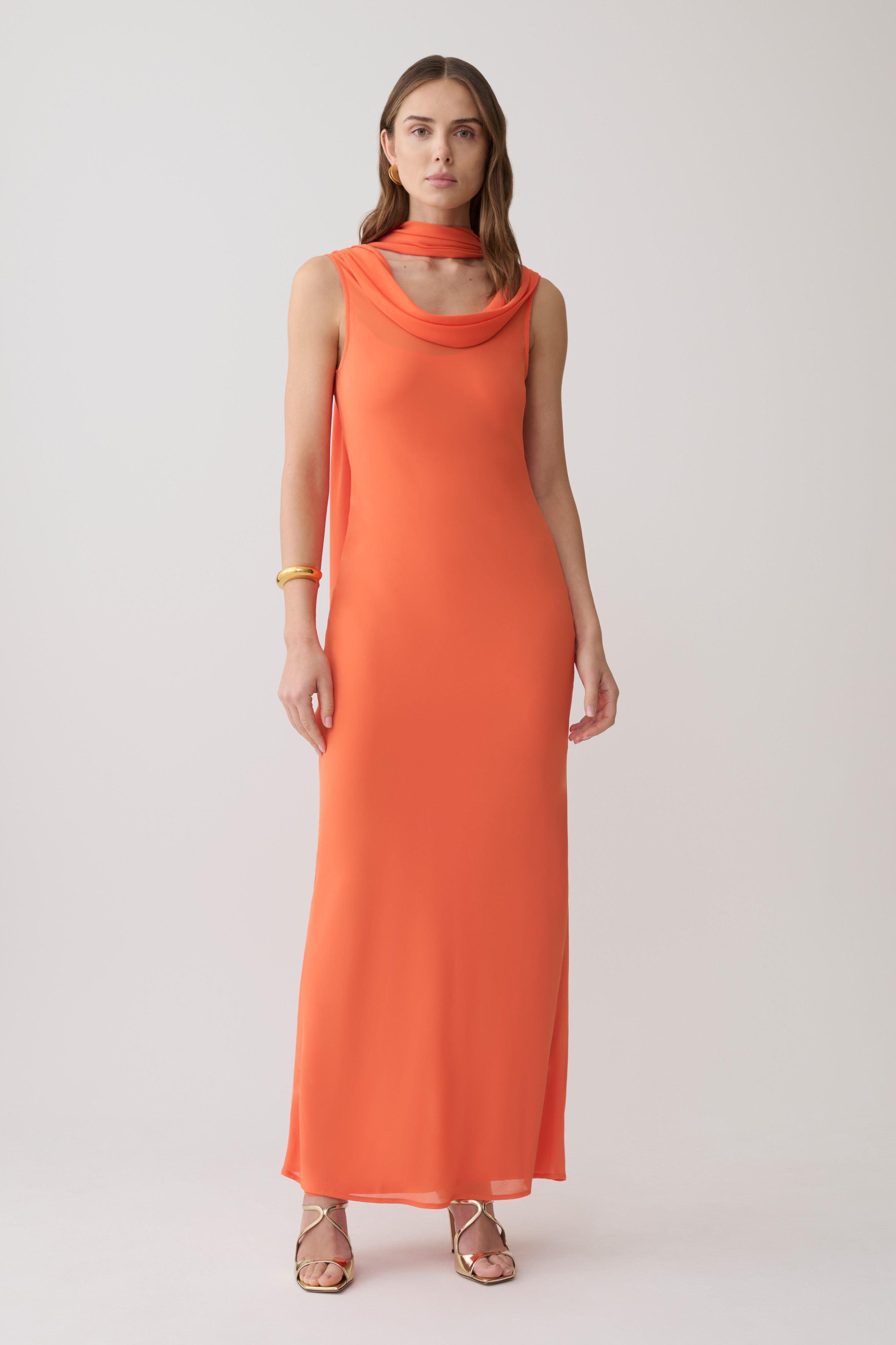 Dakota Chiffon Maxi Dress With Scarf - Orange - Image 5