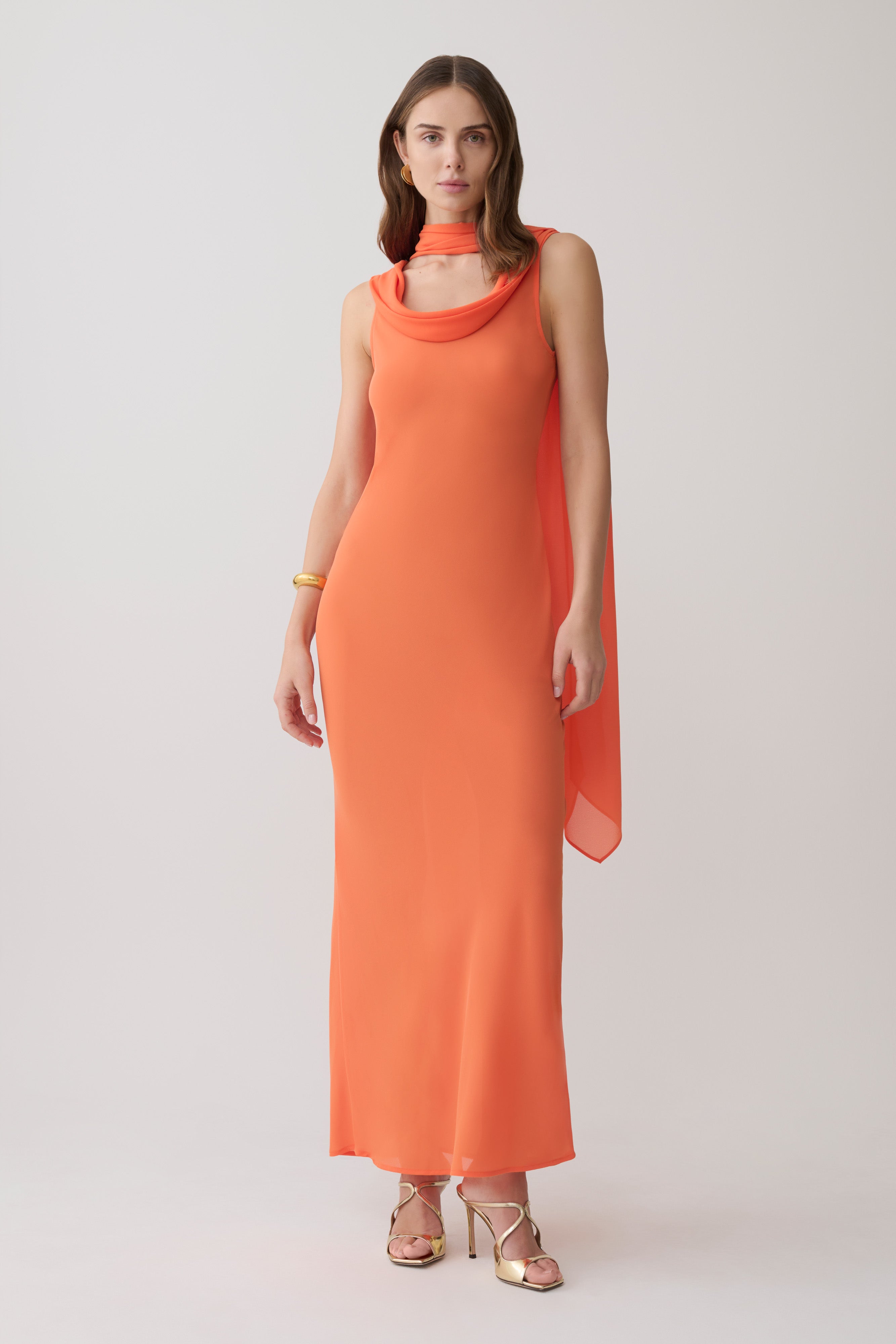Dakota Chiffon Maxi Dress With Scarf - Orange - Image 7