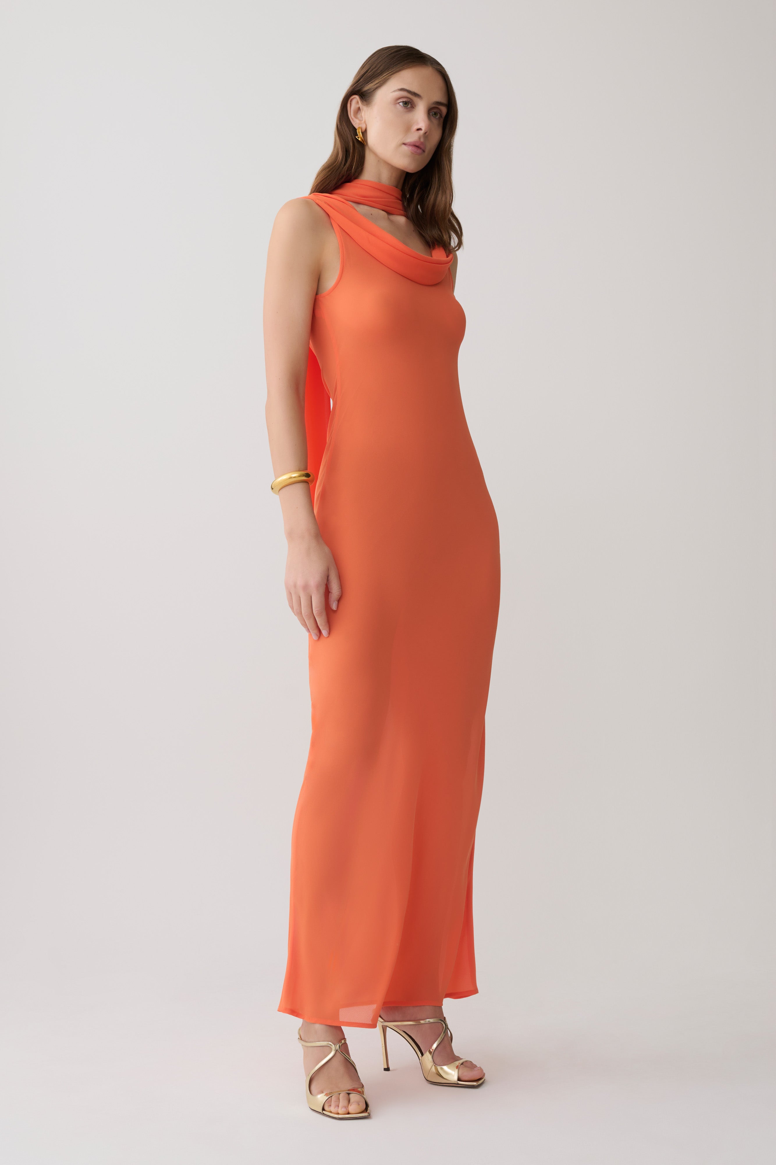 Dakota Chiffon Maxi Dress With Scarf - Orange - Image 6