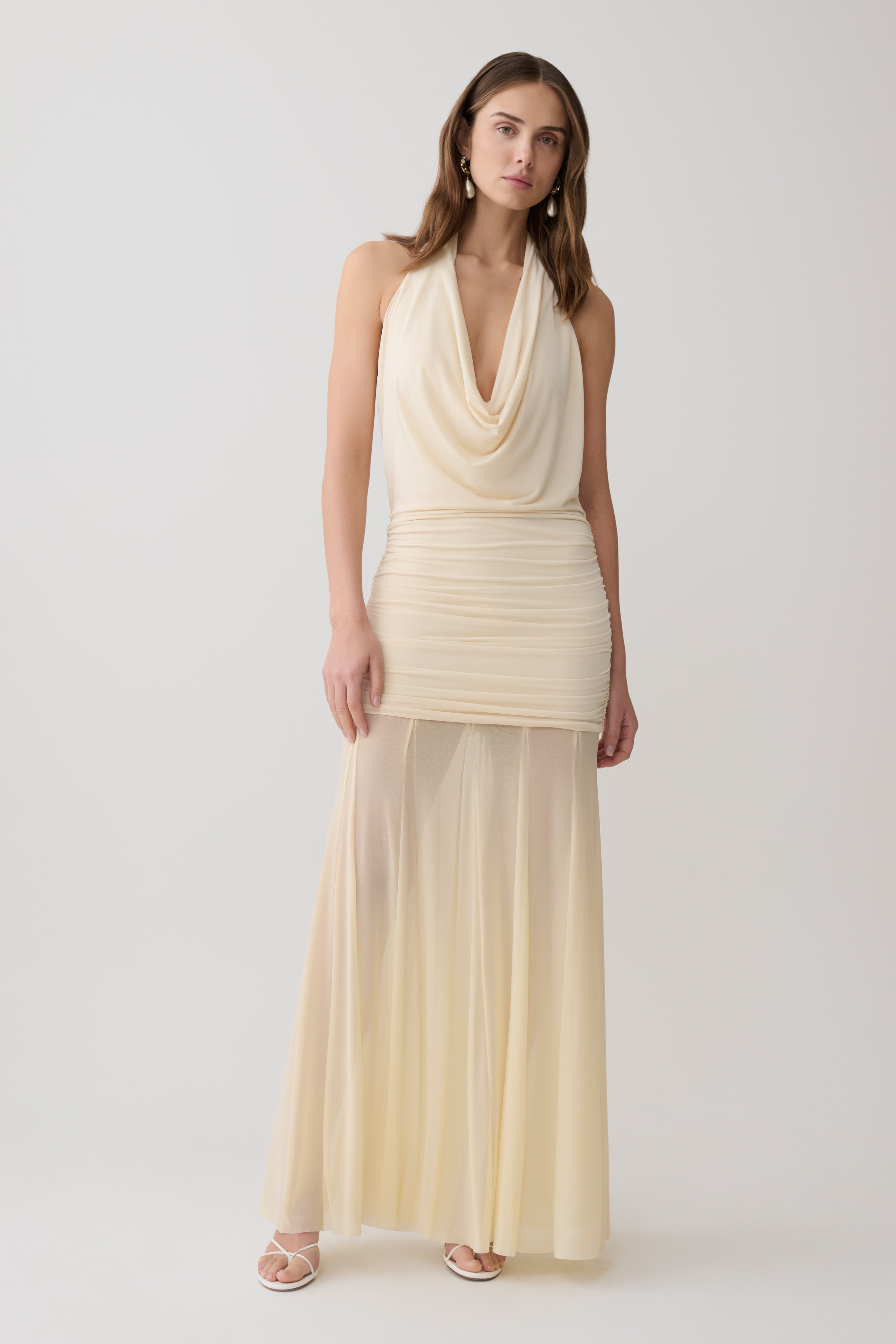 Jorja Draped Halter Slinky Maxi Dress - Ivory - Image 5