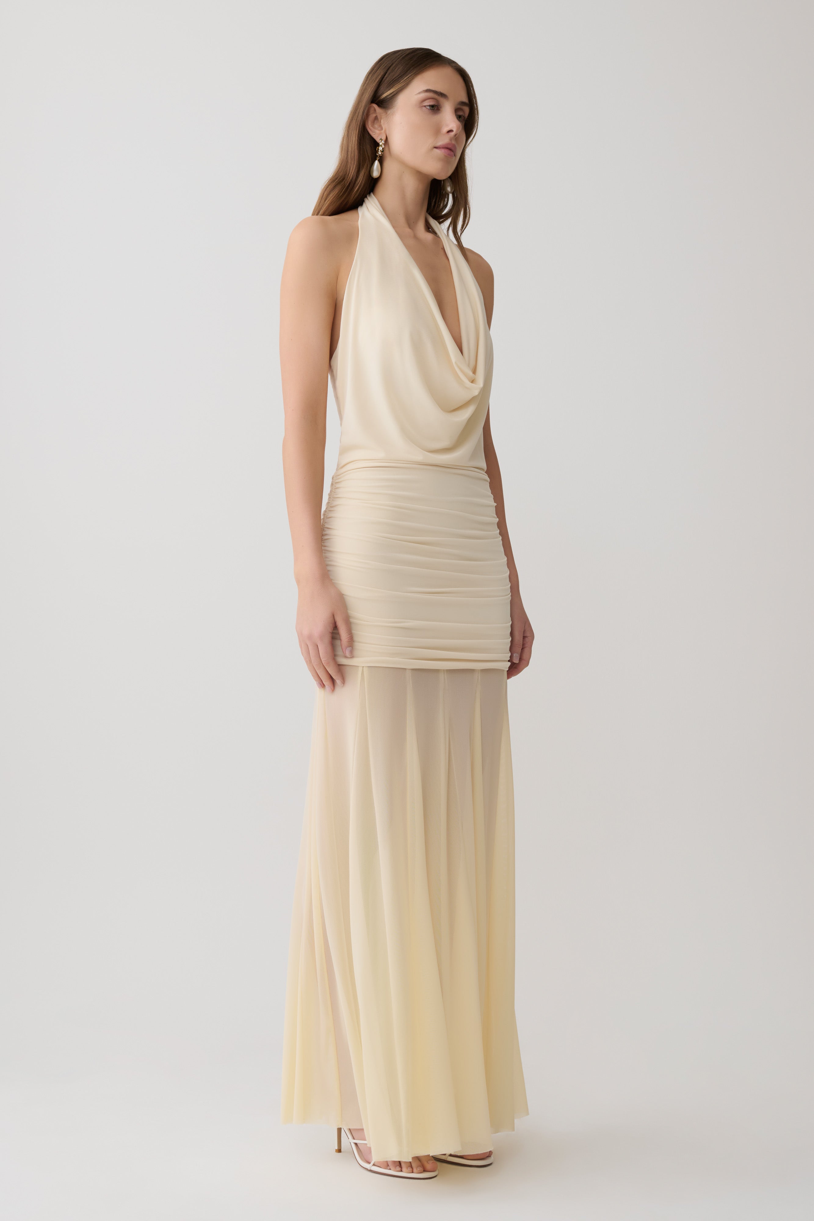 Jorja Draped Halter Slinky Maxi Dress - Ivory - Image 4