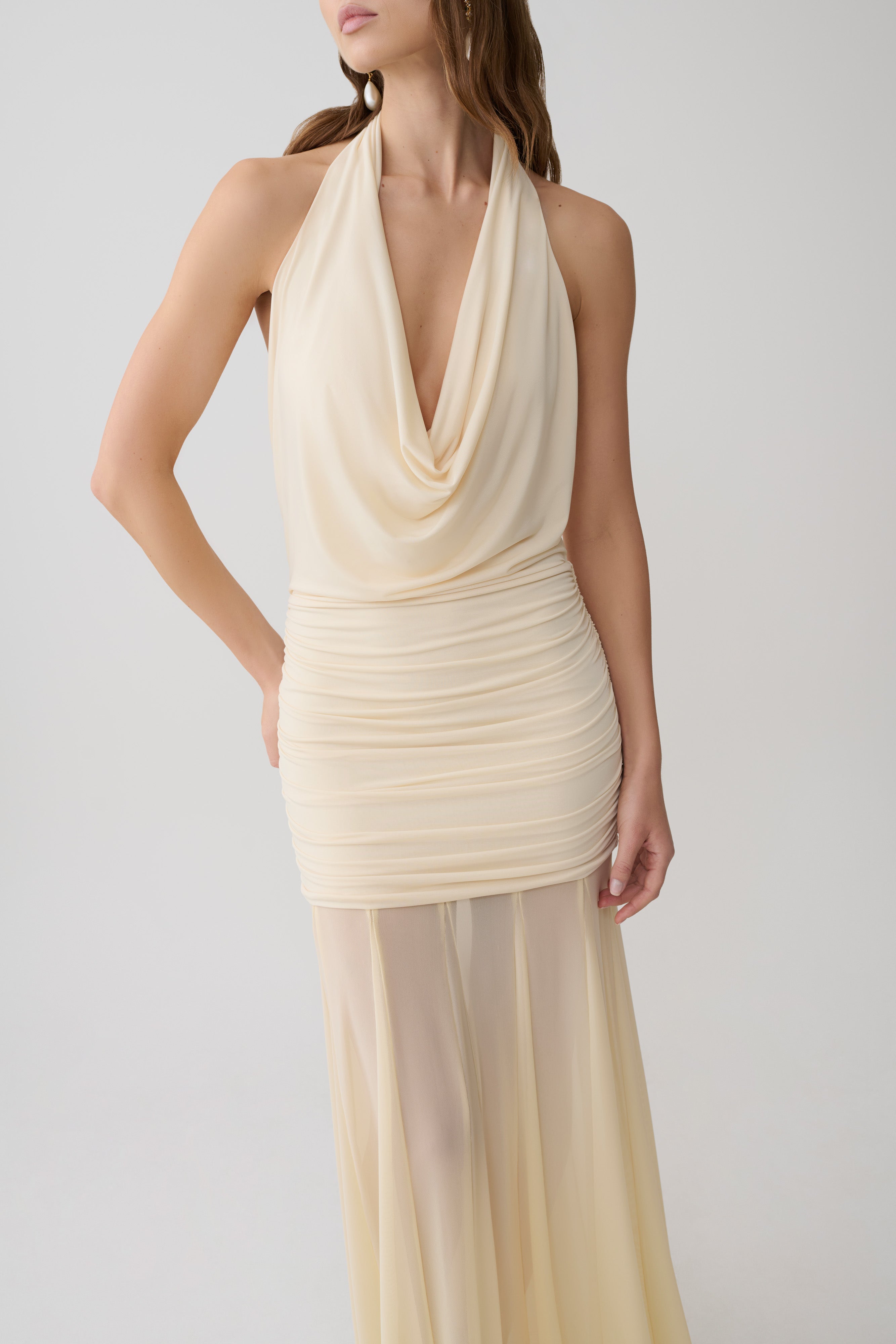 Jorja Draped Halter Slinky Maxi Dress - Ivory - Image 7