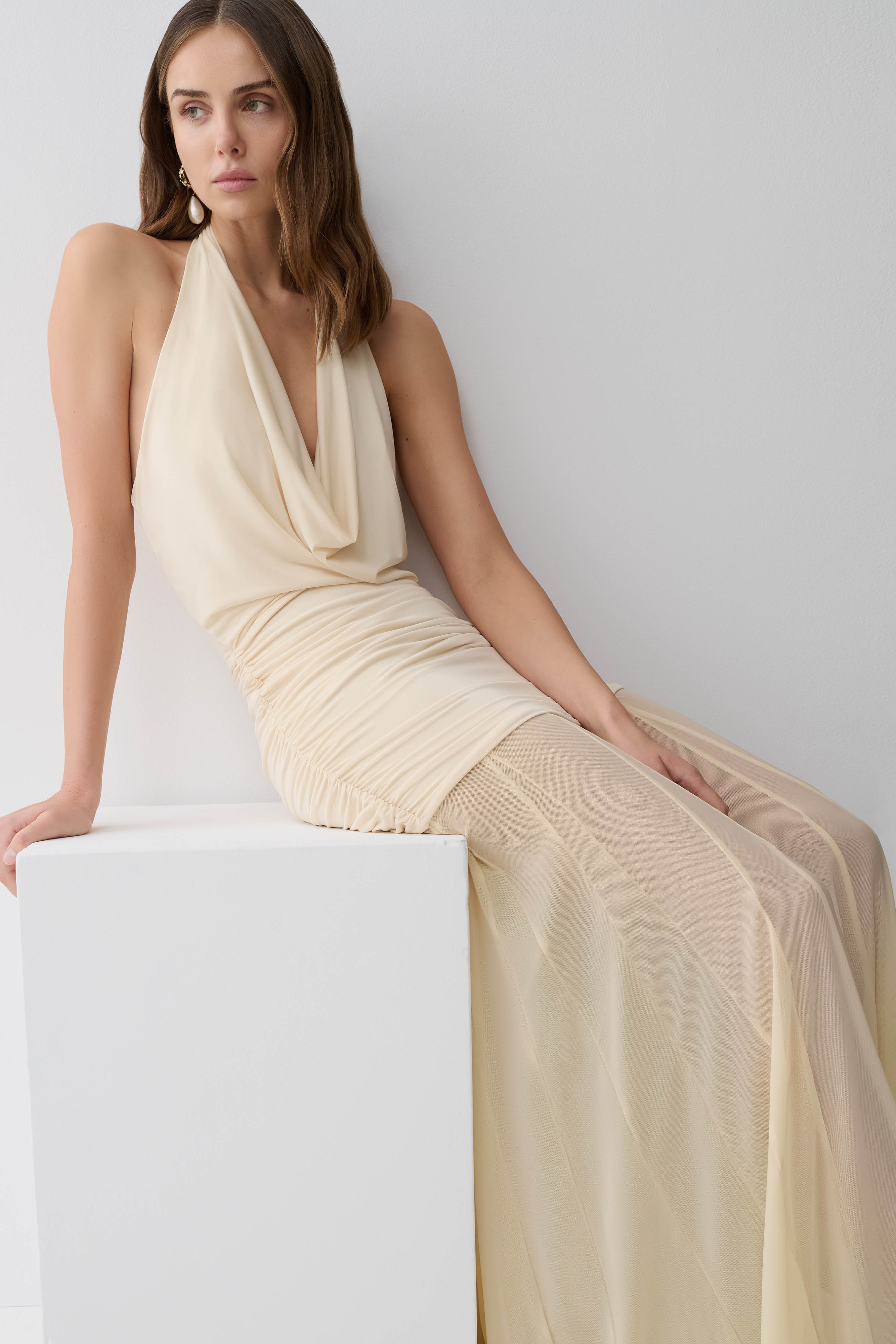 Jorja Draped Halter Slinky Maxi Dress - Ivory - Image 3