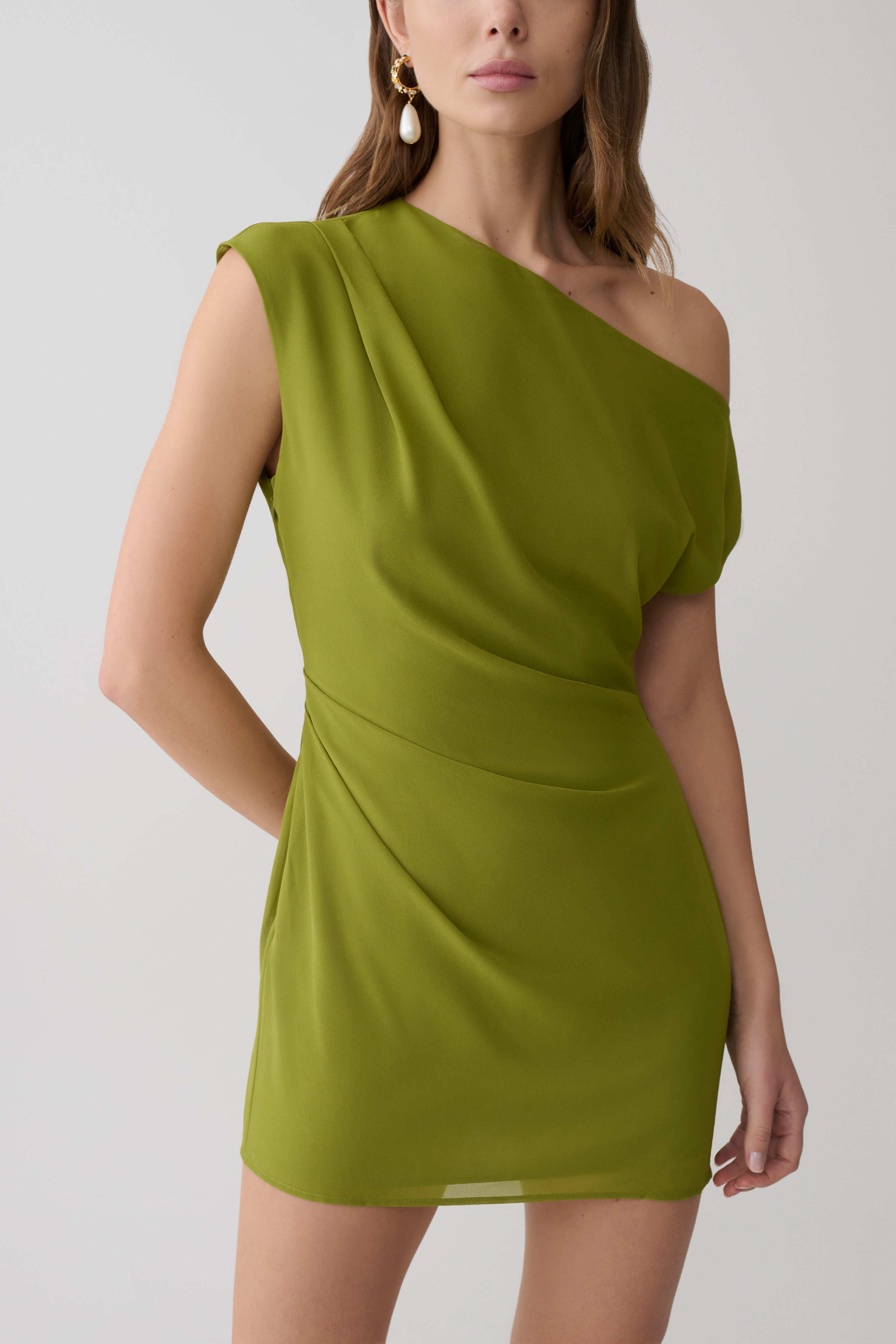 Hannah Asymmetric Neckline Mini Dress - Olive - Image 3