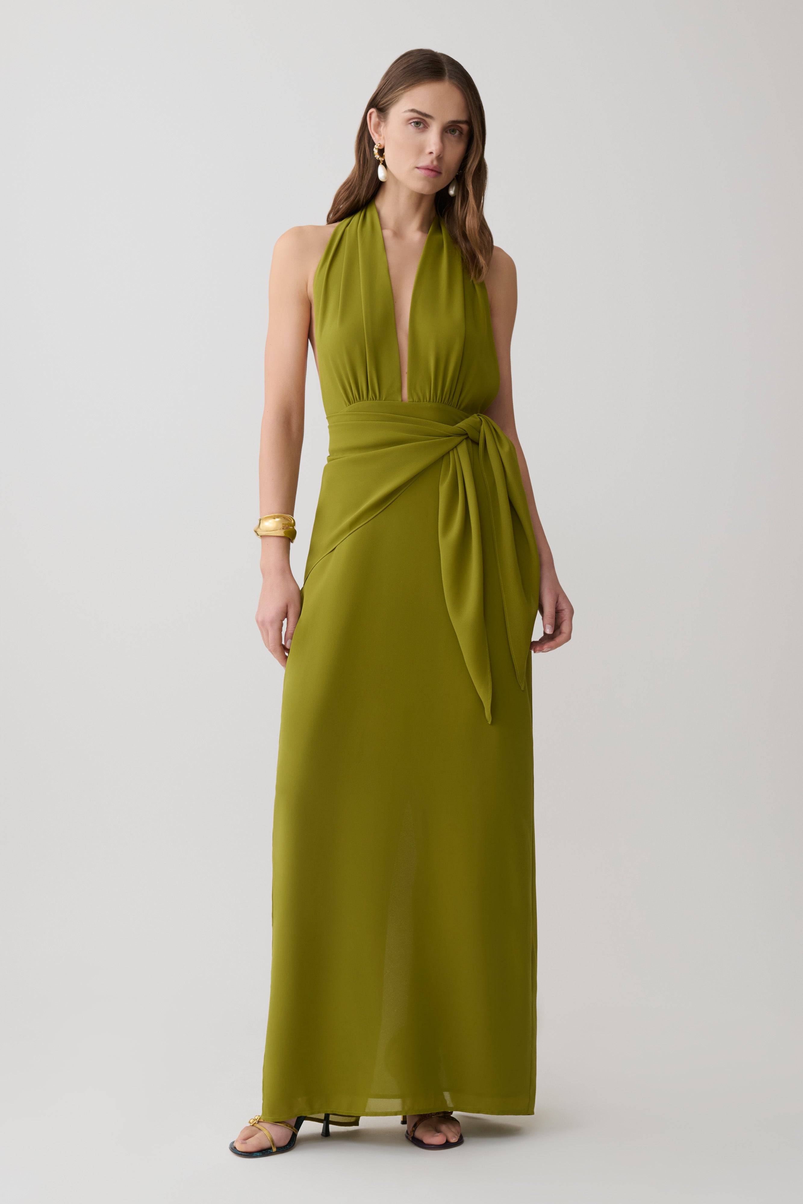 Gianna Satin Halter Maxi Dress - Olive - Image 5