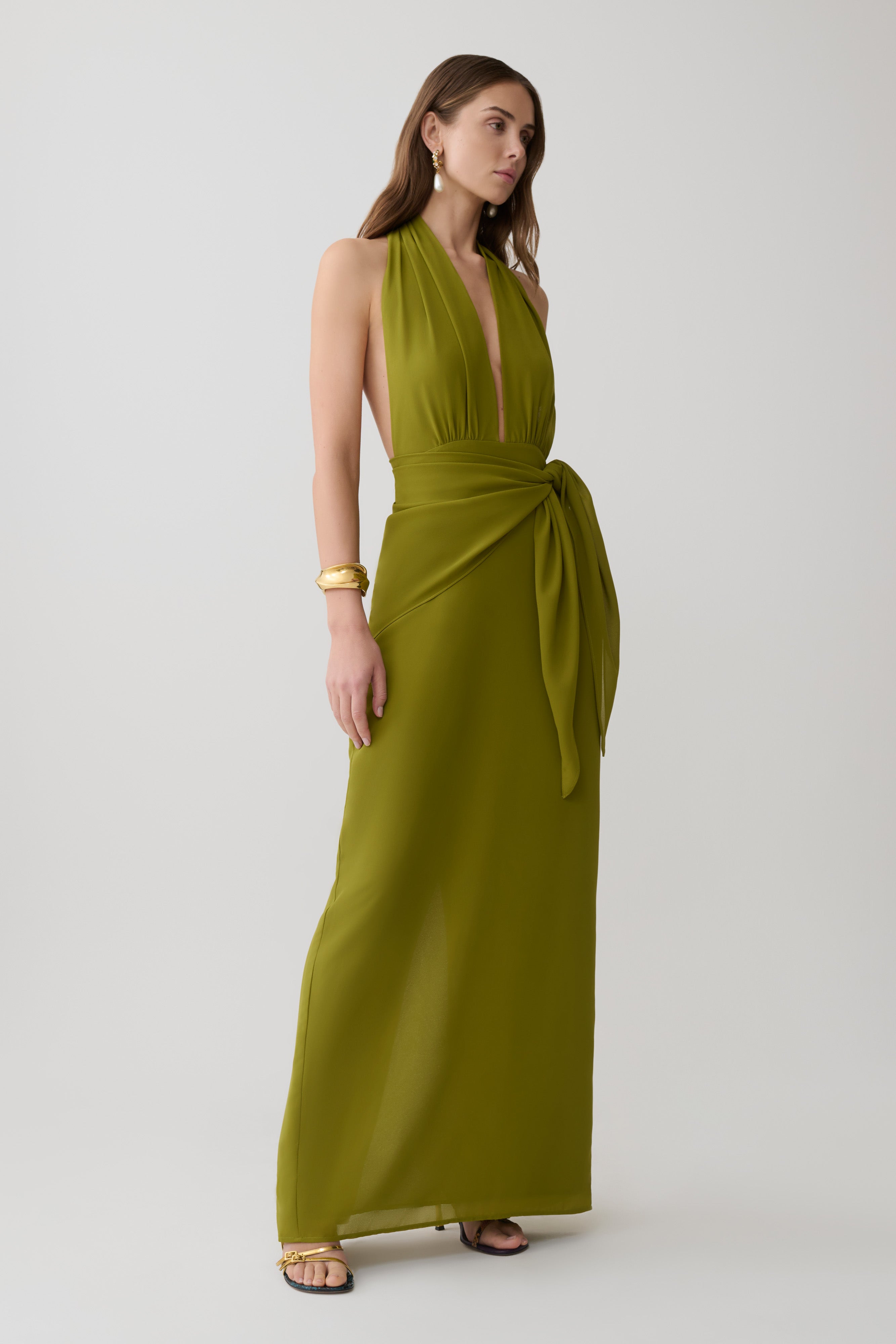 Gianna Satin Halter Maxi Dress - Olive - Image 4