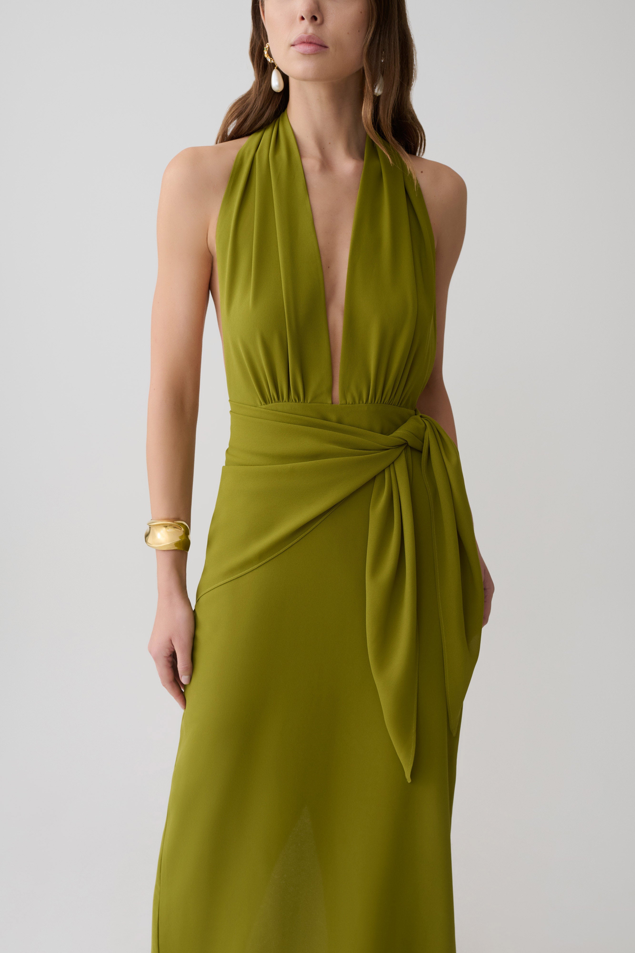 Gianna Satin Halter Maxi Dress - Olive - Image 3
