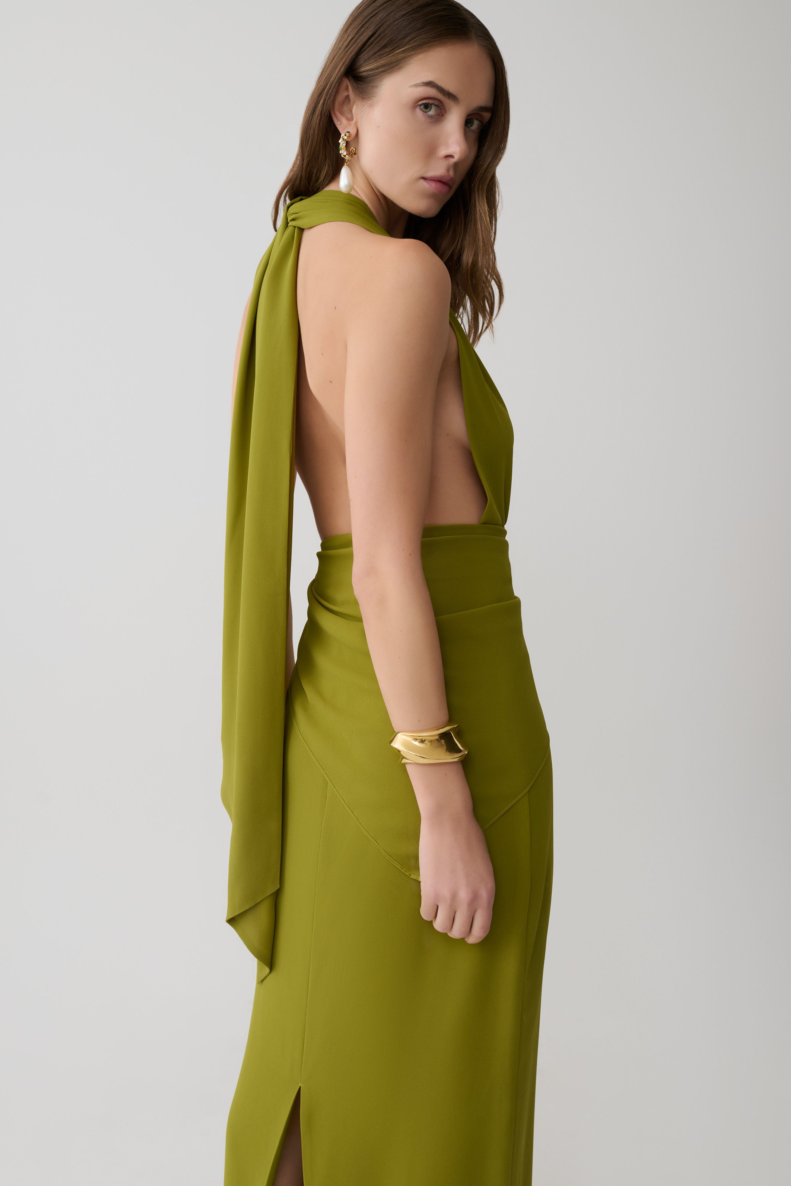 Alternative view of Gianna Satin Halter Maxi Dress - Olive