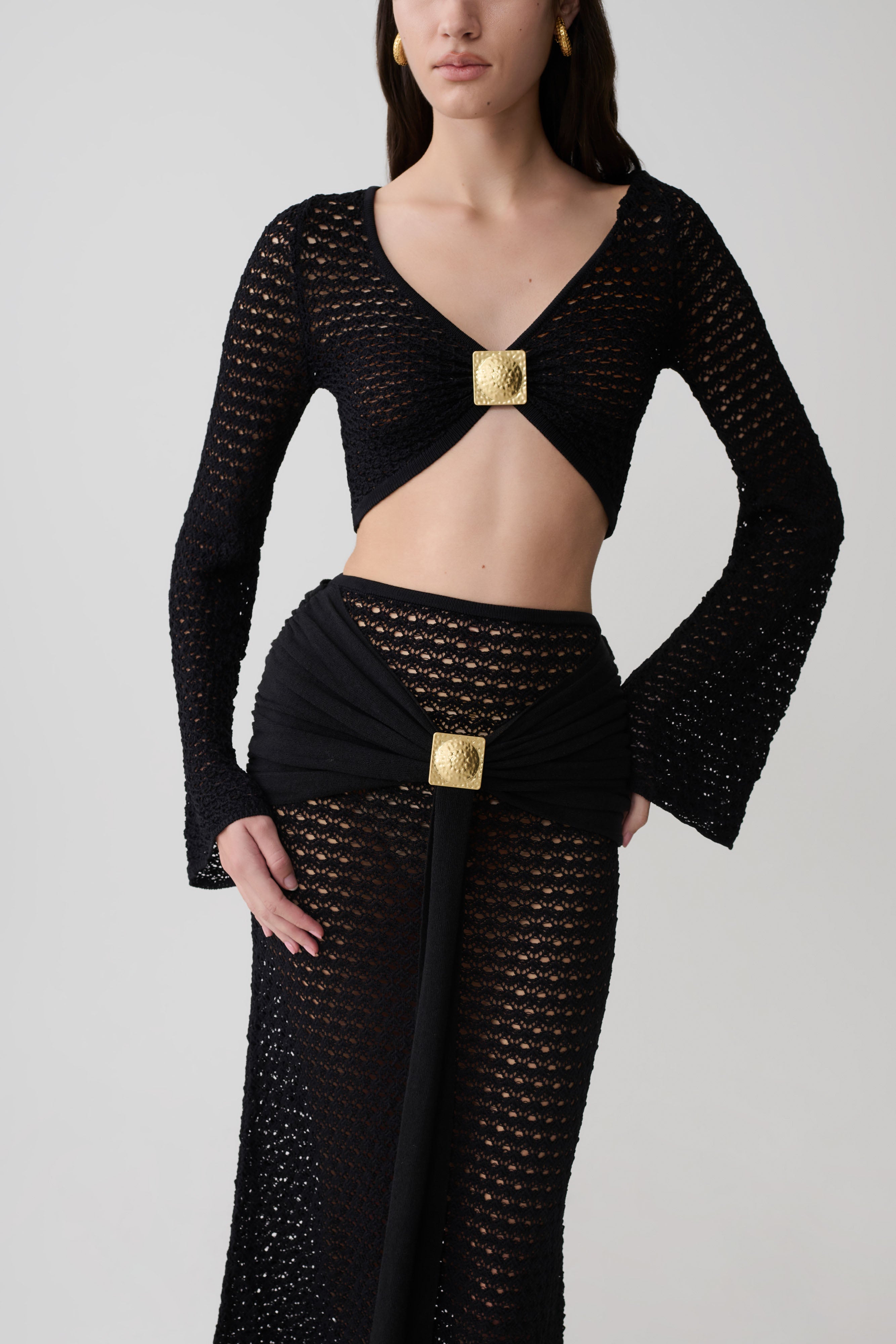 Mania Crochet Long Sleeve Cropped Top - Black - Image 3