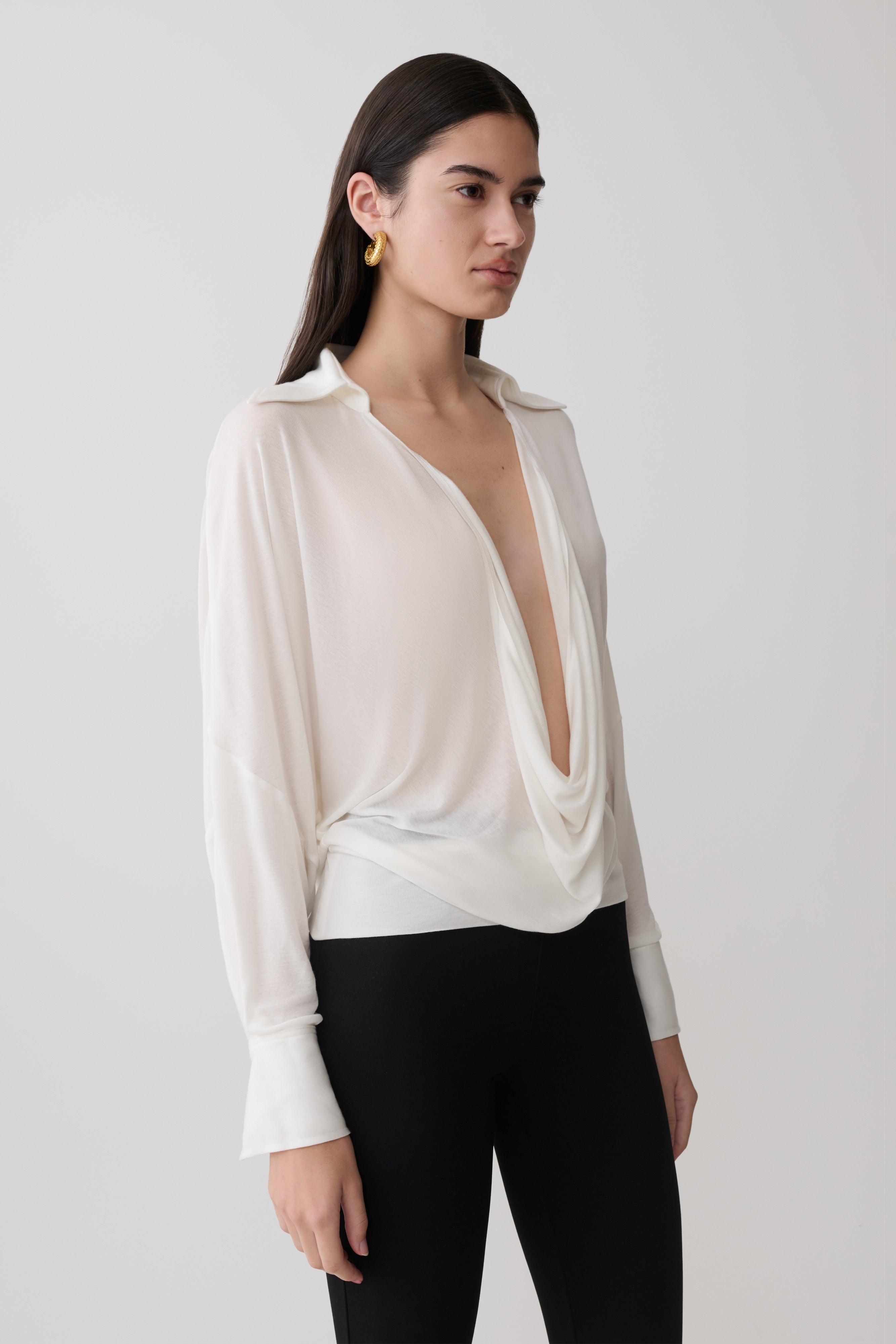 Berkley Draped Long Sleeve Shirt - White - Image 3