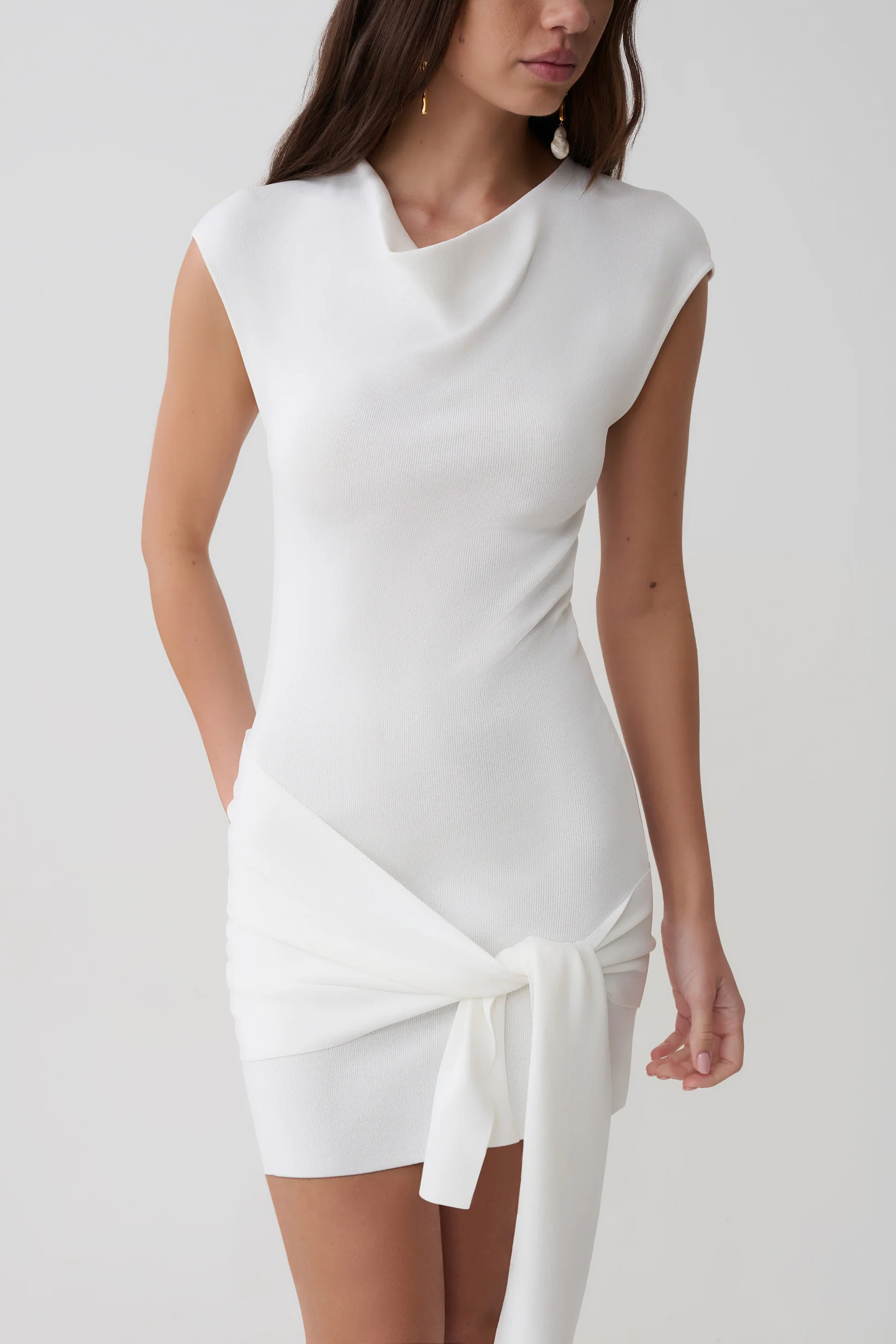 Knit Mini Dress With Sash - Ivory - Image 3